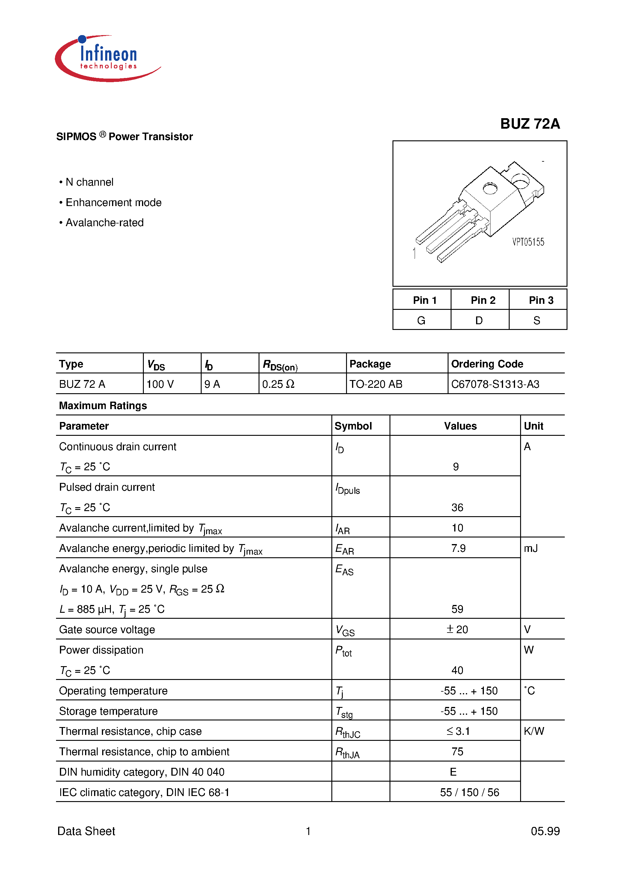 Datasheet BUZ72A page 1 Datasheet BUZ72A - SIPMOS Power Transistor page 1