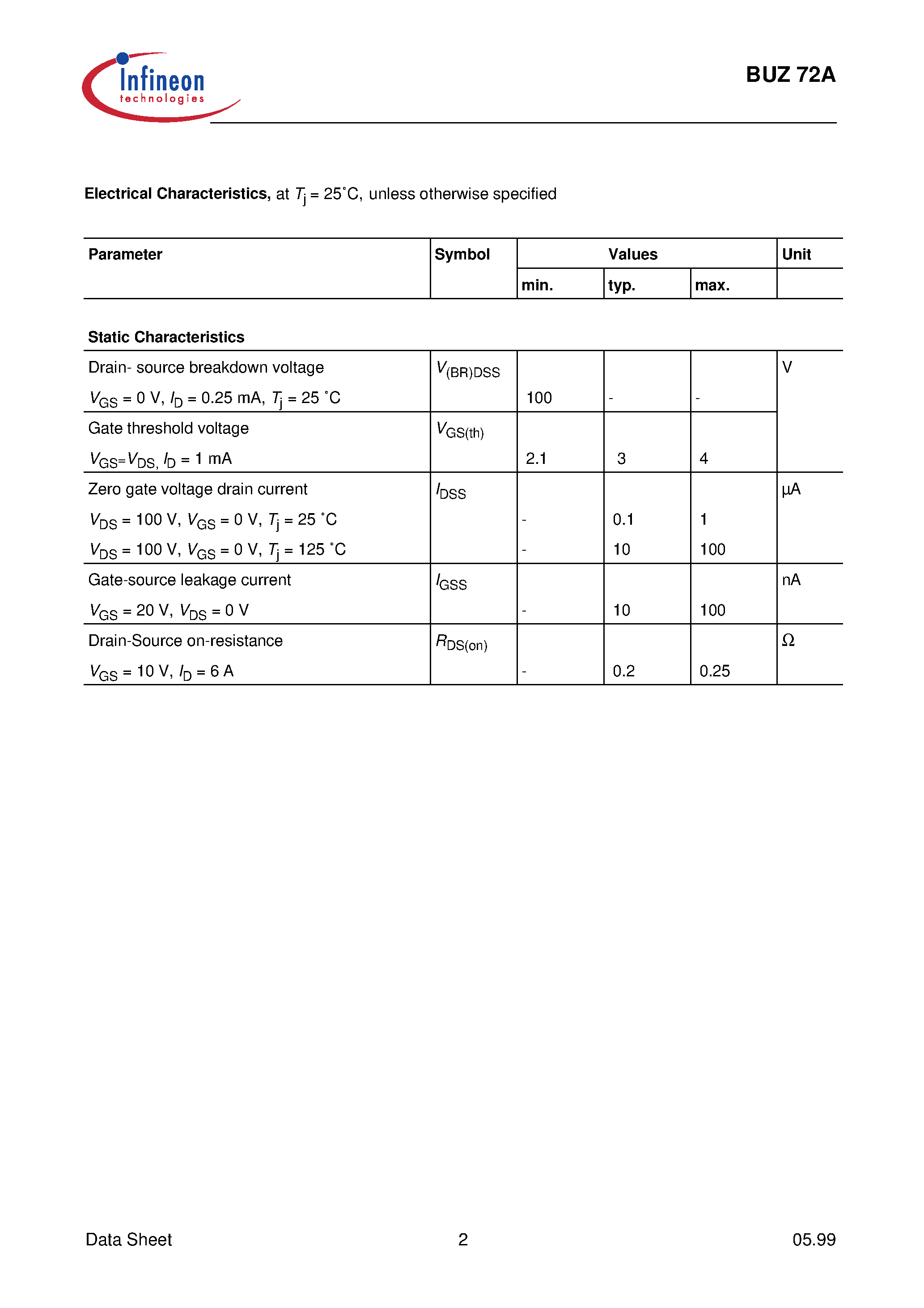 Datasheet BUZ72A page 2 Datasheet BUZ72A - SIPMOS Power Transistor page 2