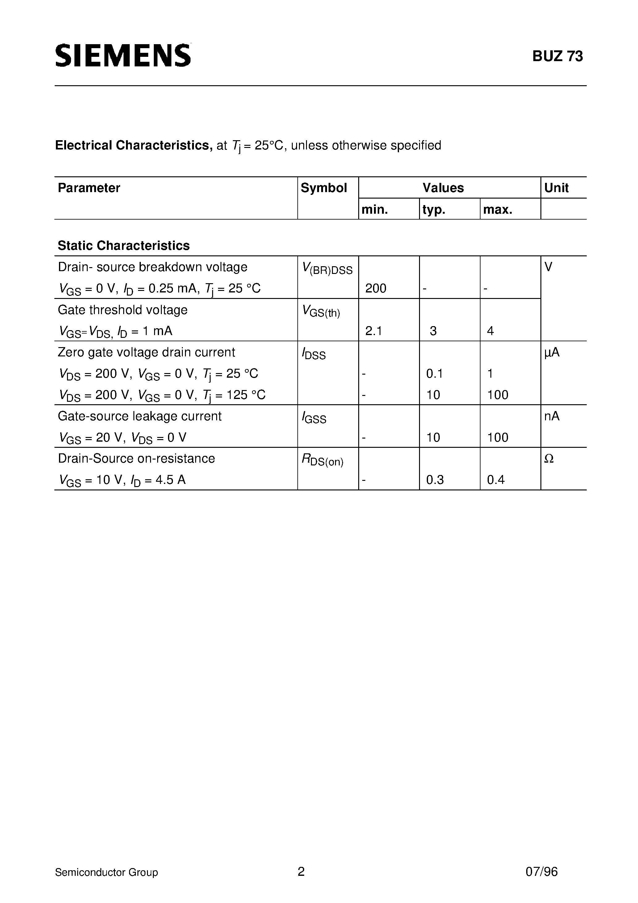 Datasheet BUZ73 page 2 Datasheet BUZ73 - SIPMOS Power Transistor page 2