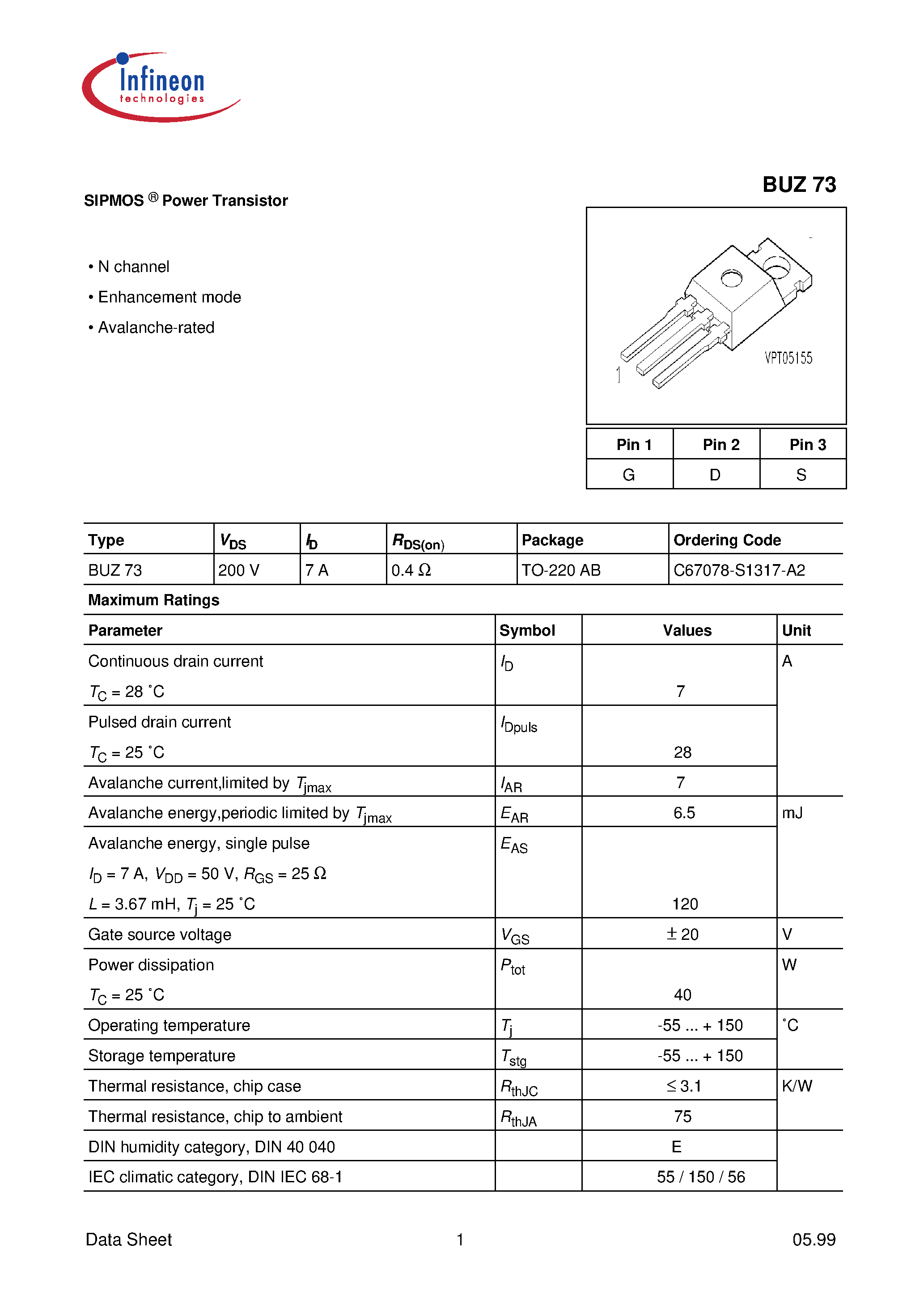 Datasheet BUZ73 page 1 Datasheet BUZ73 - SIPMOS Power Transistor page 1