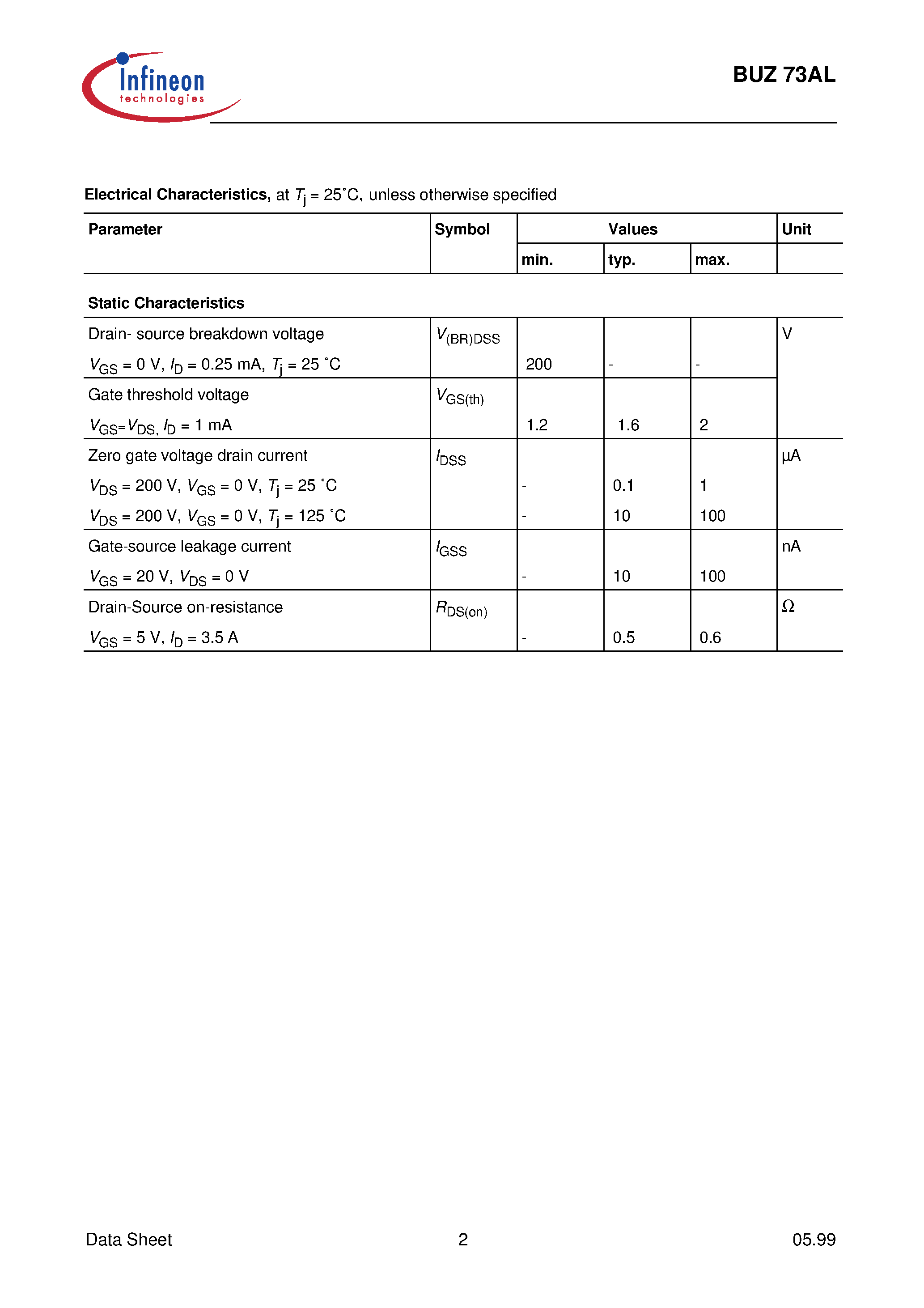 Datasheet BUZ73AL page 2 Datasheet BUZ73AL - SIPMOS Power Transistor page 2