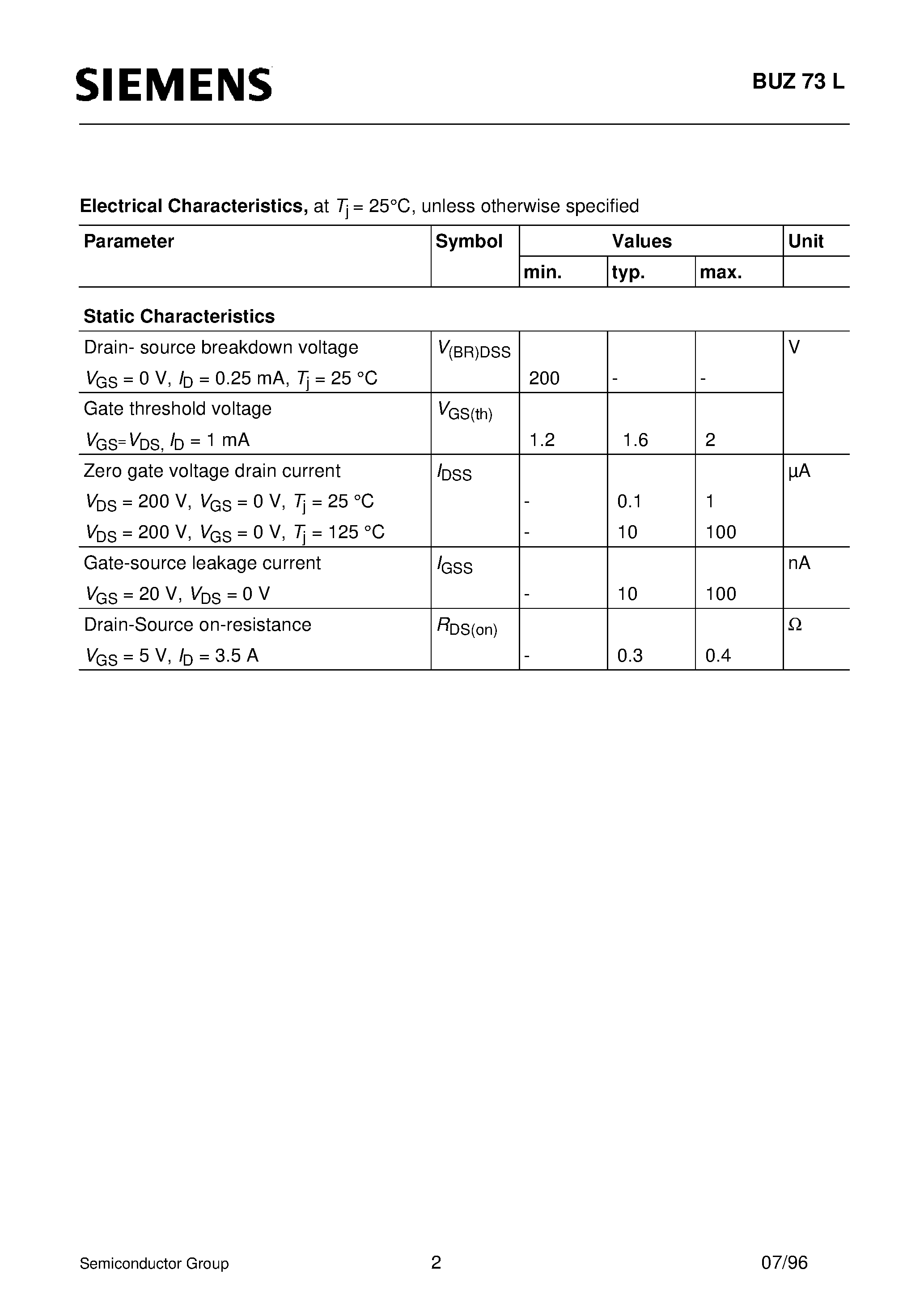 Datasheet BUZ73L page 2 Datasheet BUZ73L - SIPMOS Power Transistor (N channel Enhancement mode Avalanche-rated Logic Level) page 2