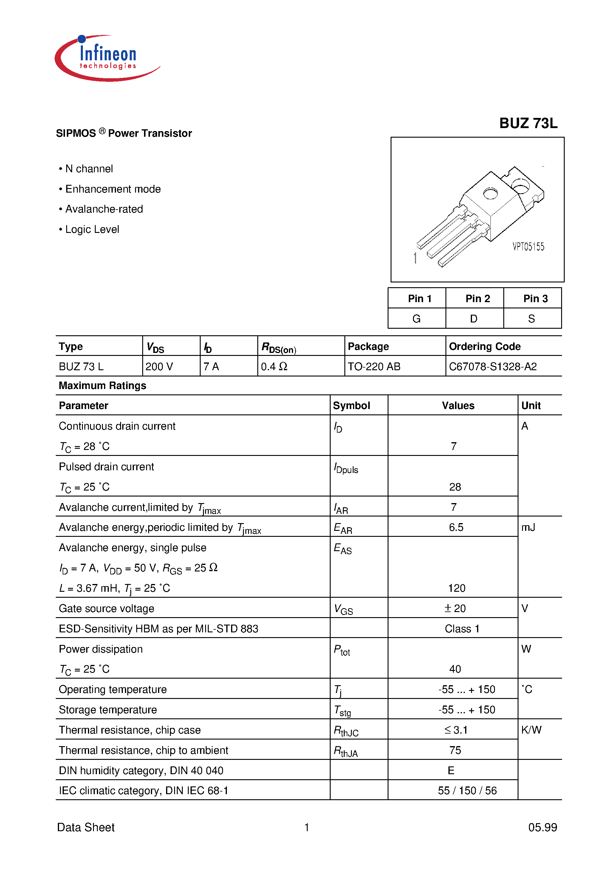 Datasheet BUZ73L page 1 Datasheet BUZ73L - SIPMOS Power Transistor page 1