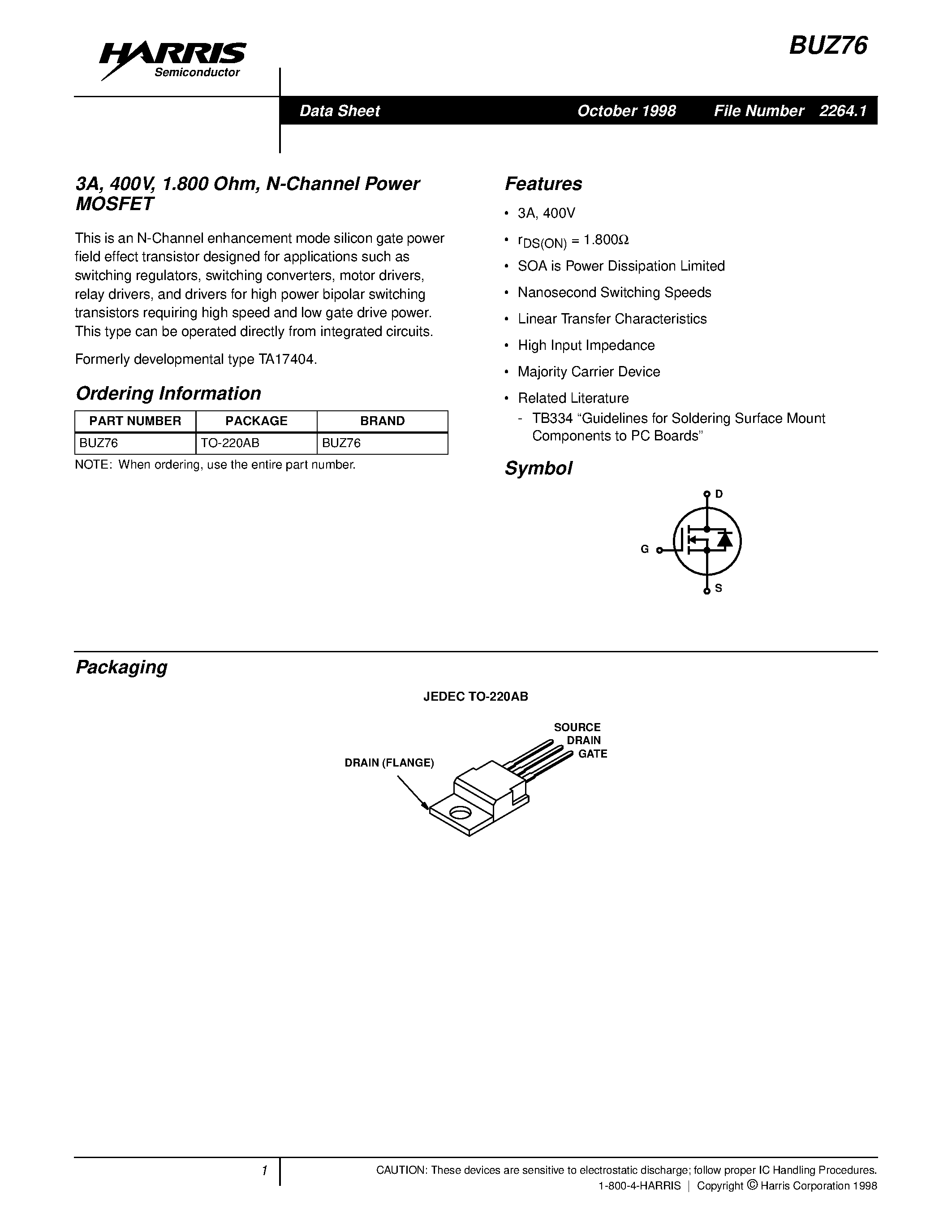 Datasheet BUZ76 page 1 Datasheet BUZ76 - 3A/ 400V/ 1.800 Ohm/ N-Channel Power MOSFET page 1