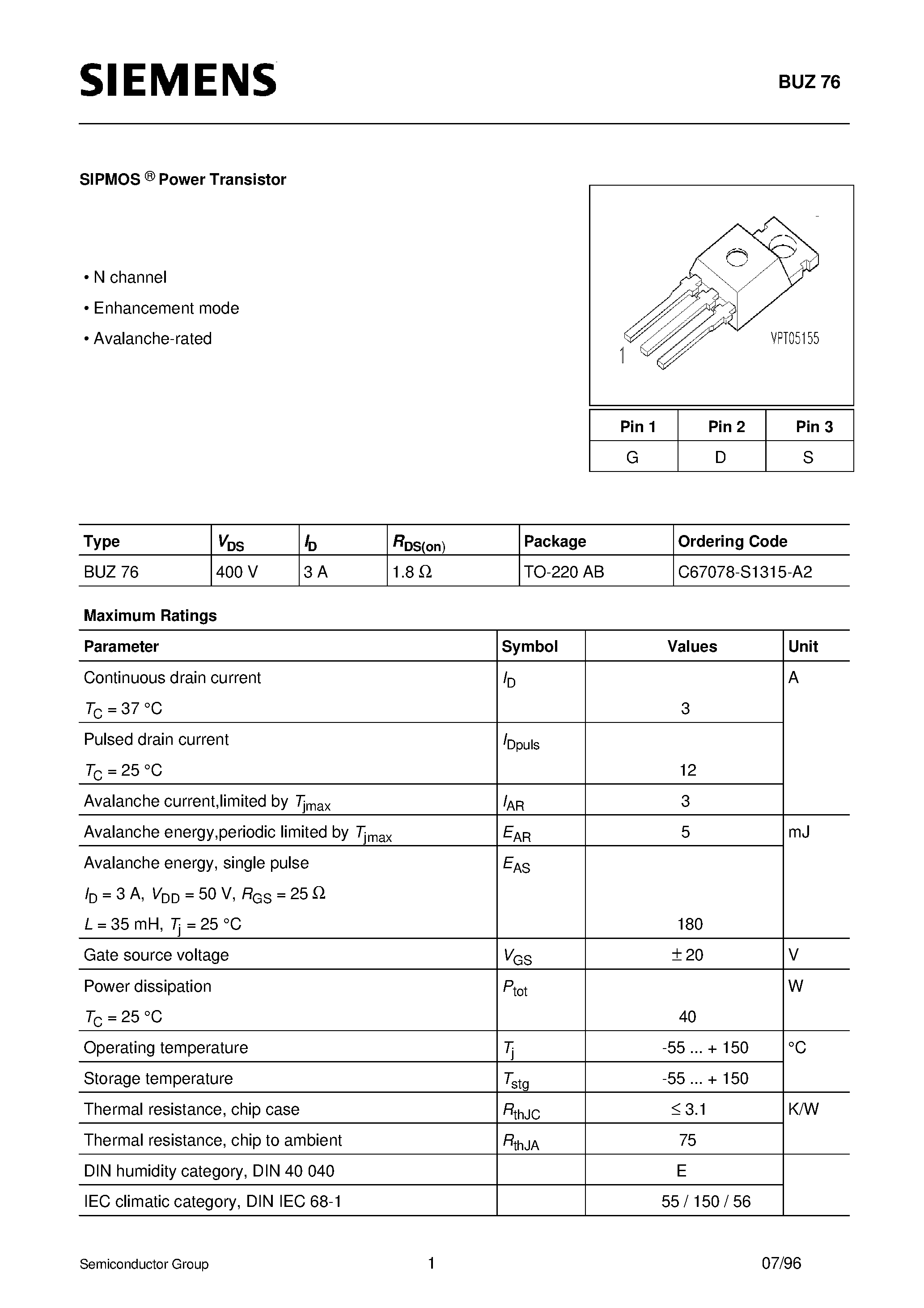 Datasheet BUZ76 page 1 Datasheet BUZ76 - SIPMOS Power Transistor page 1