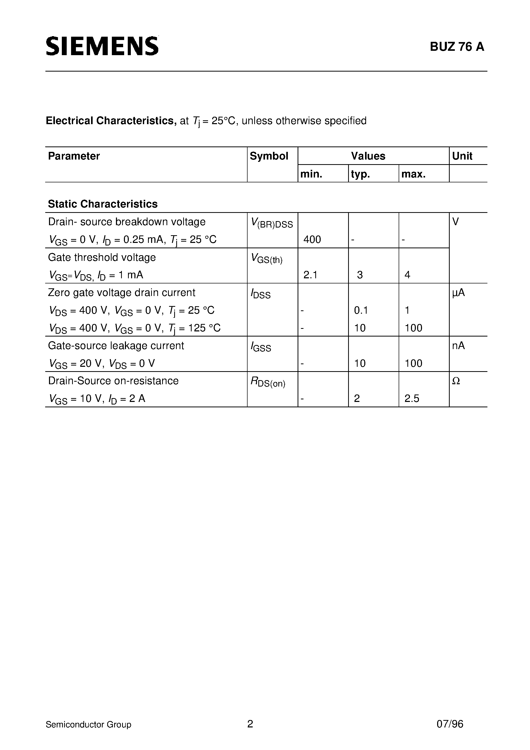 Datasheet BUZ76A page 2 Datasheet BUZ76A - SIPMOS Power Transistor (N channel Enhancement mode Avalanche-rated) page 2