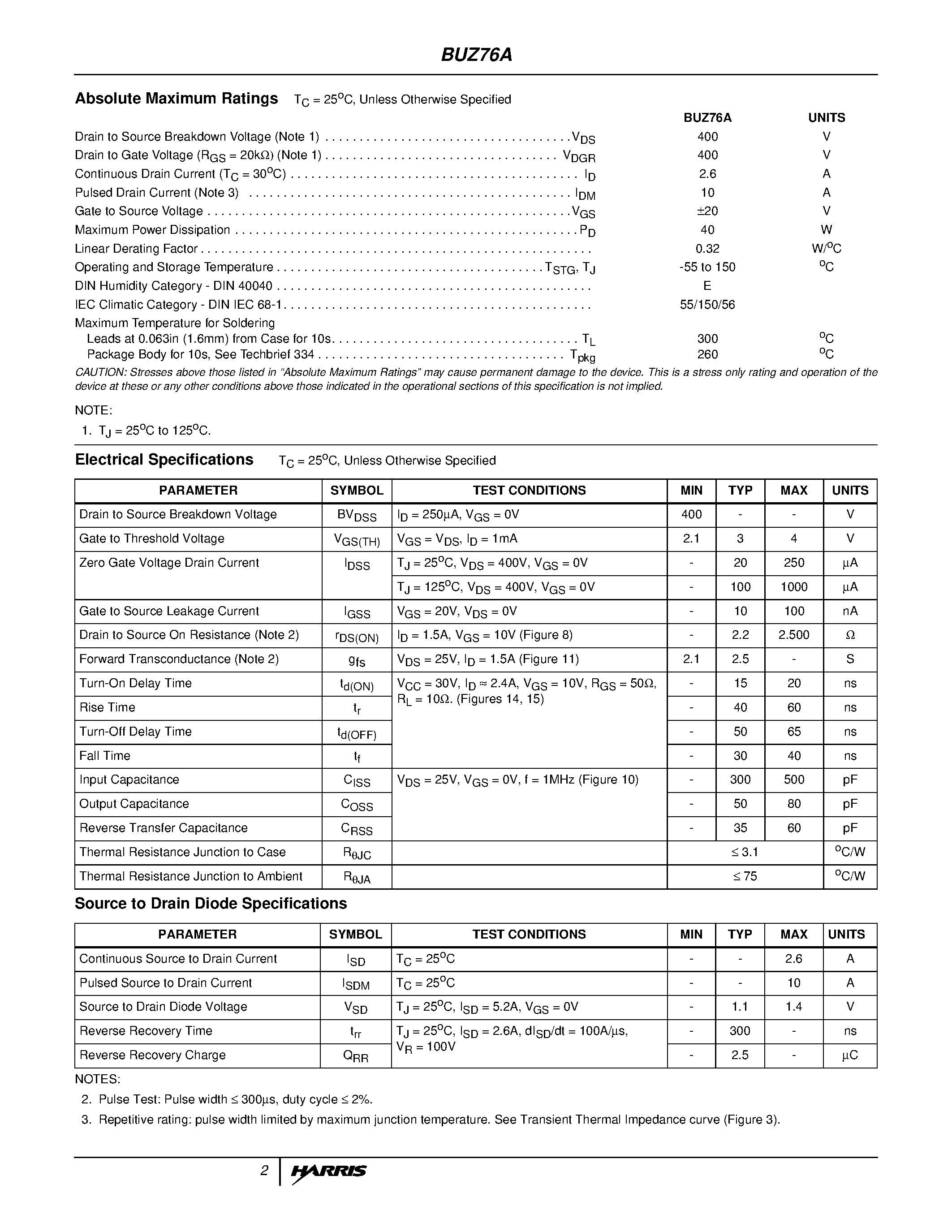 Даташит BUZ76A - 2.6A/ 400V/ 2.500 Ohm/ N-Channel Power MOSFET страница 2