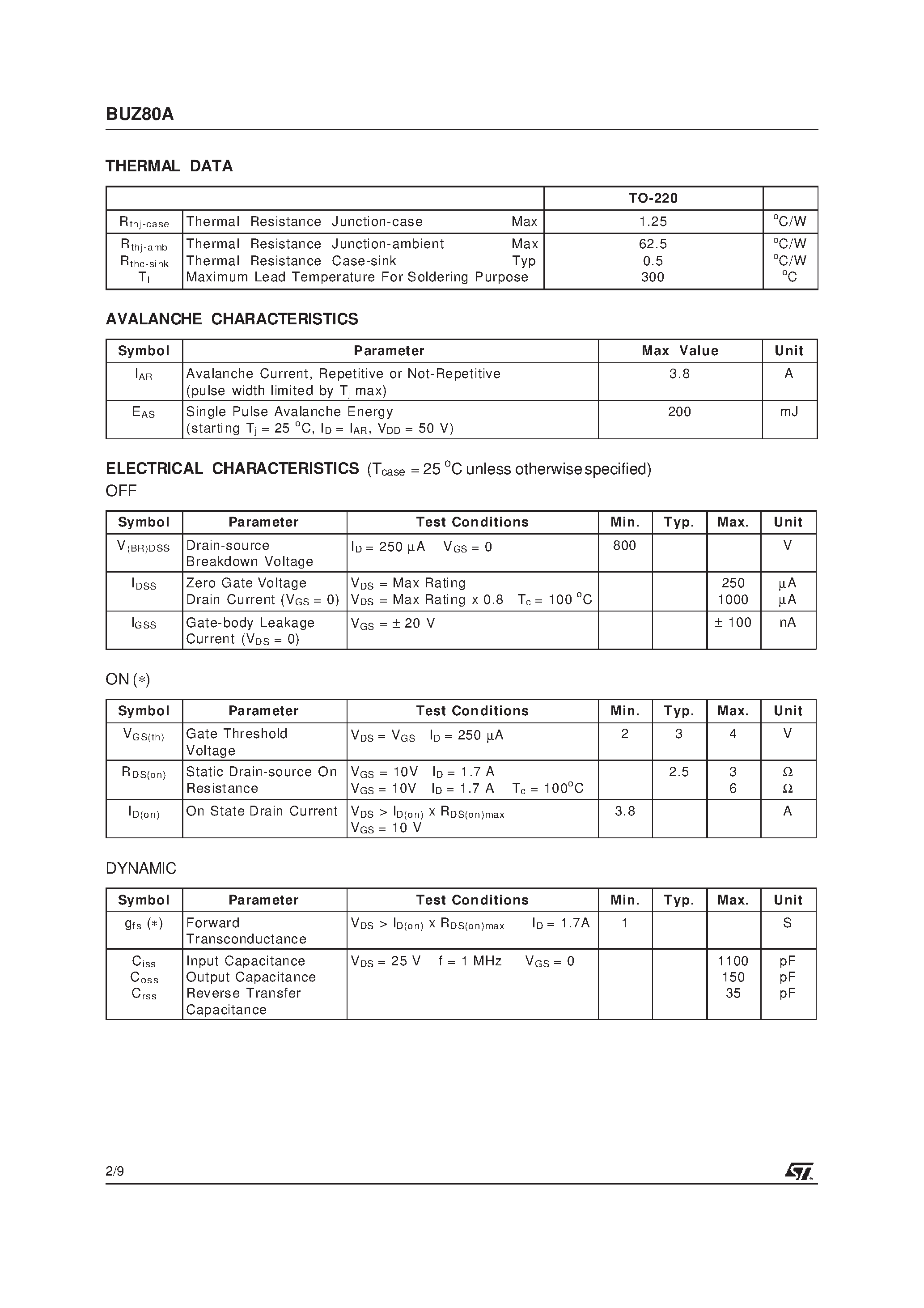 Datasheet BUZ80A page 2 Datasheet BUZ80A - N - CHANNEL 800V - 2.5ohm - 3.8A - TO-220 FAST POWER MOS TRANSISTOR page 2