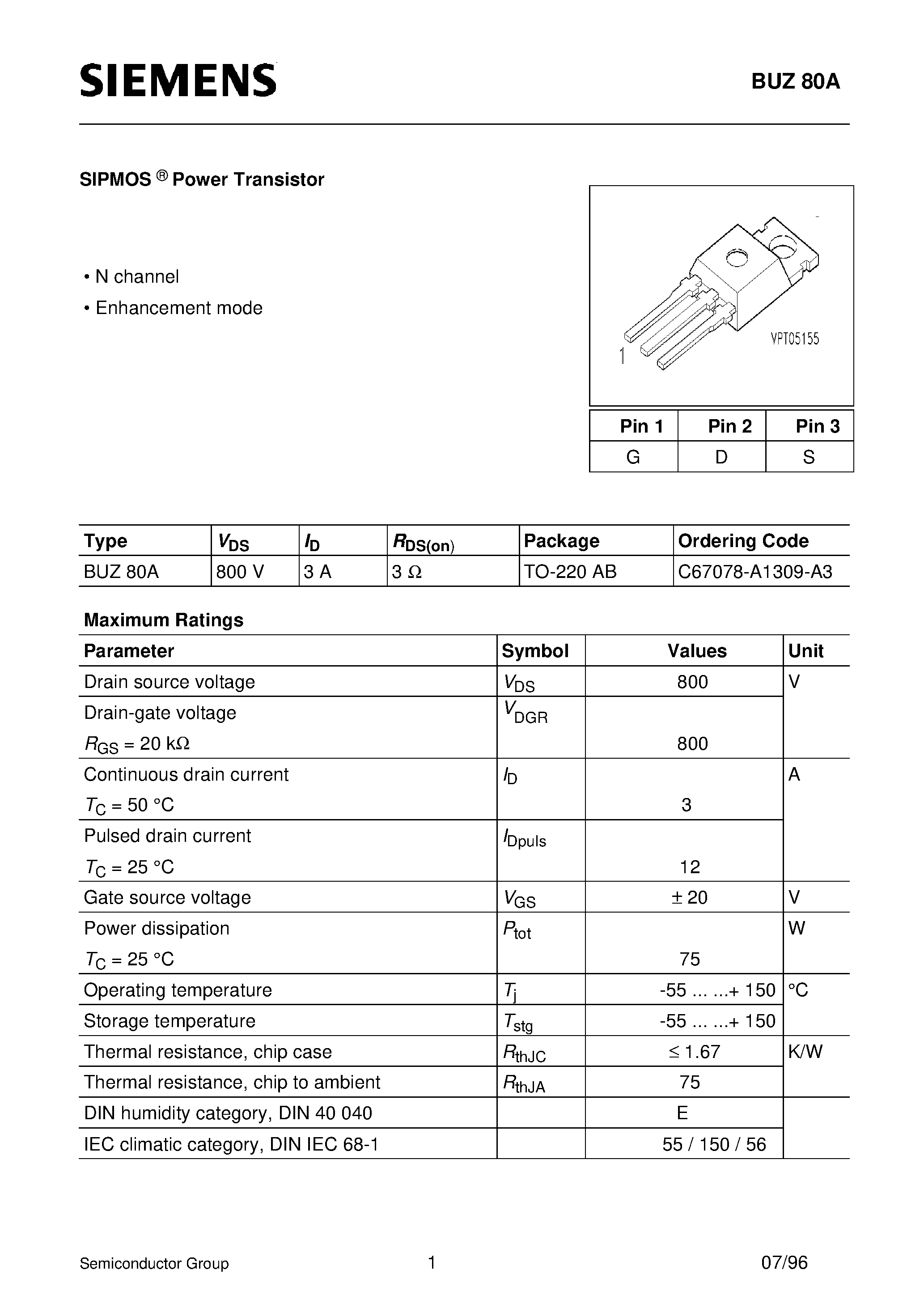 Даташит BUZ80A - SIPMOS Power Transistor (N channel Enhancement mode) страница 1