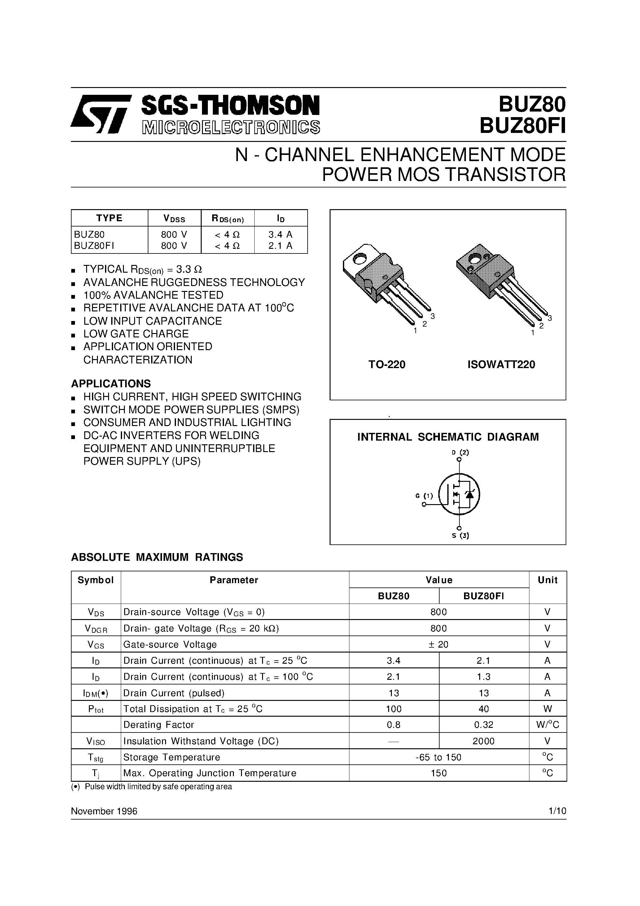Datasheet BUZ80FI page 1 Datasheet BUZ80FI - N - CHANNEL ENHANCEMENT MODE POWER MOS TRANSISTOR page 1
