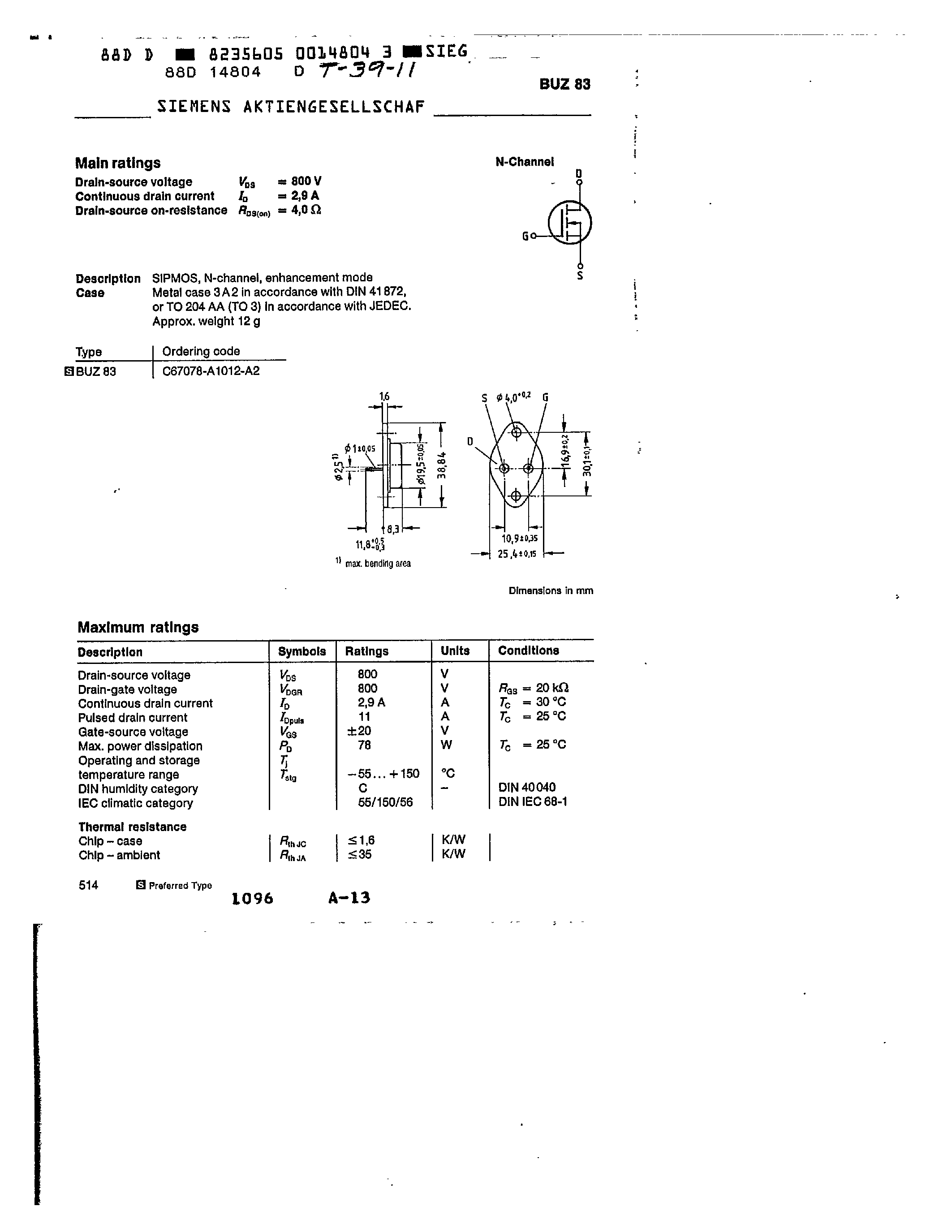 Datasheet BUZ83 page 1 Datasheet BUZ83 - main ratings page 1