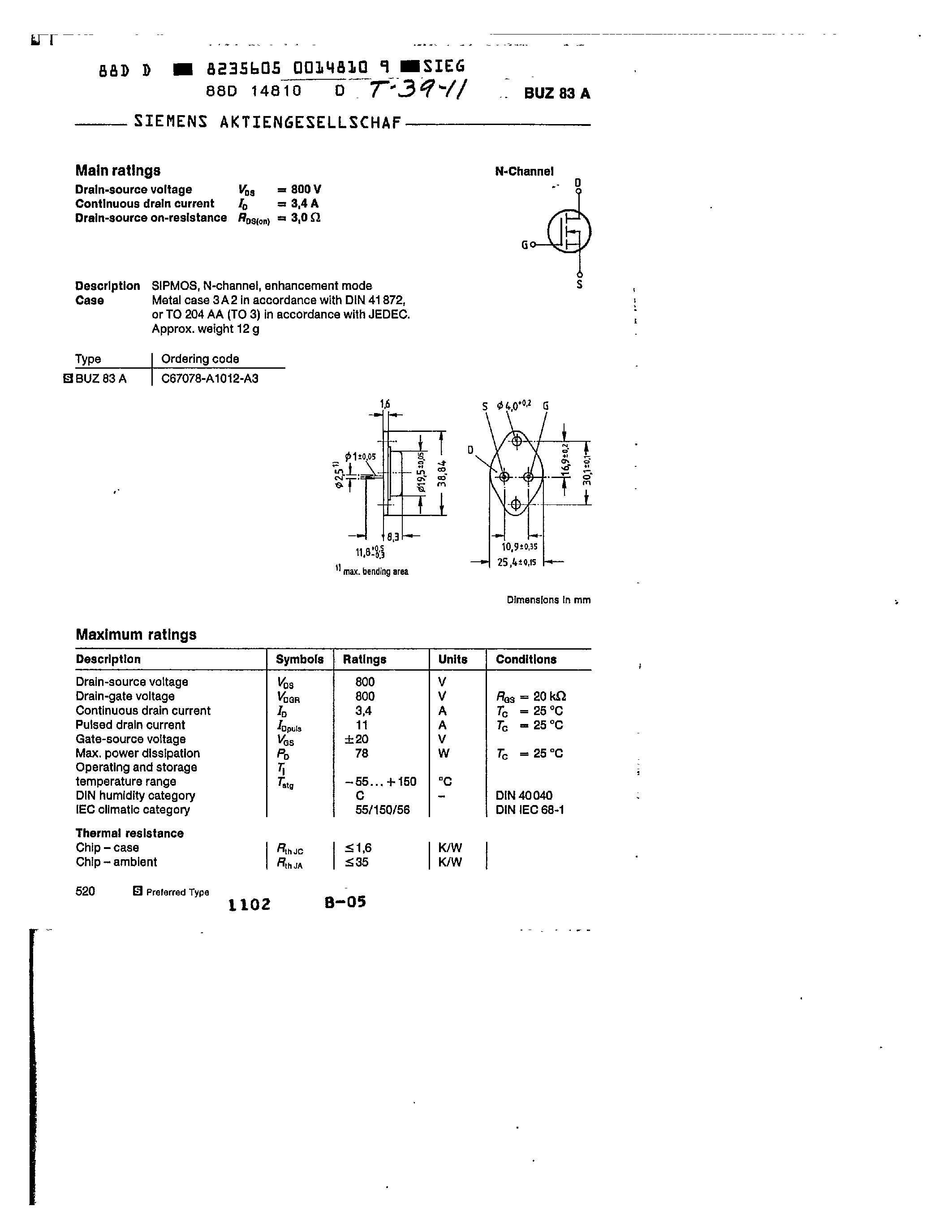 Datasheet BUZ83A page 1 Datasheet BUZ83A - main ratings page 1