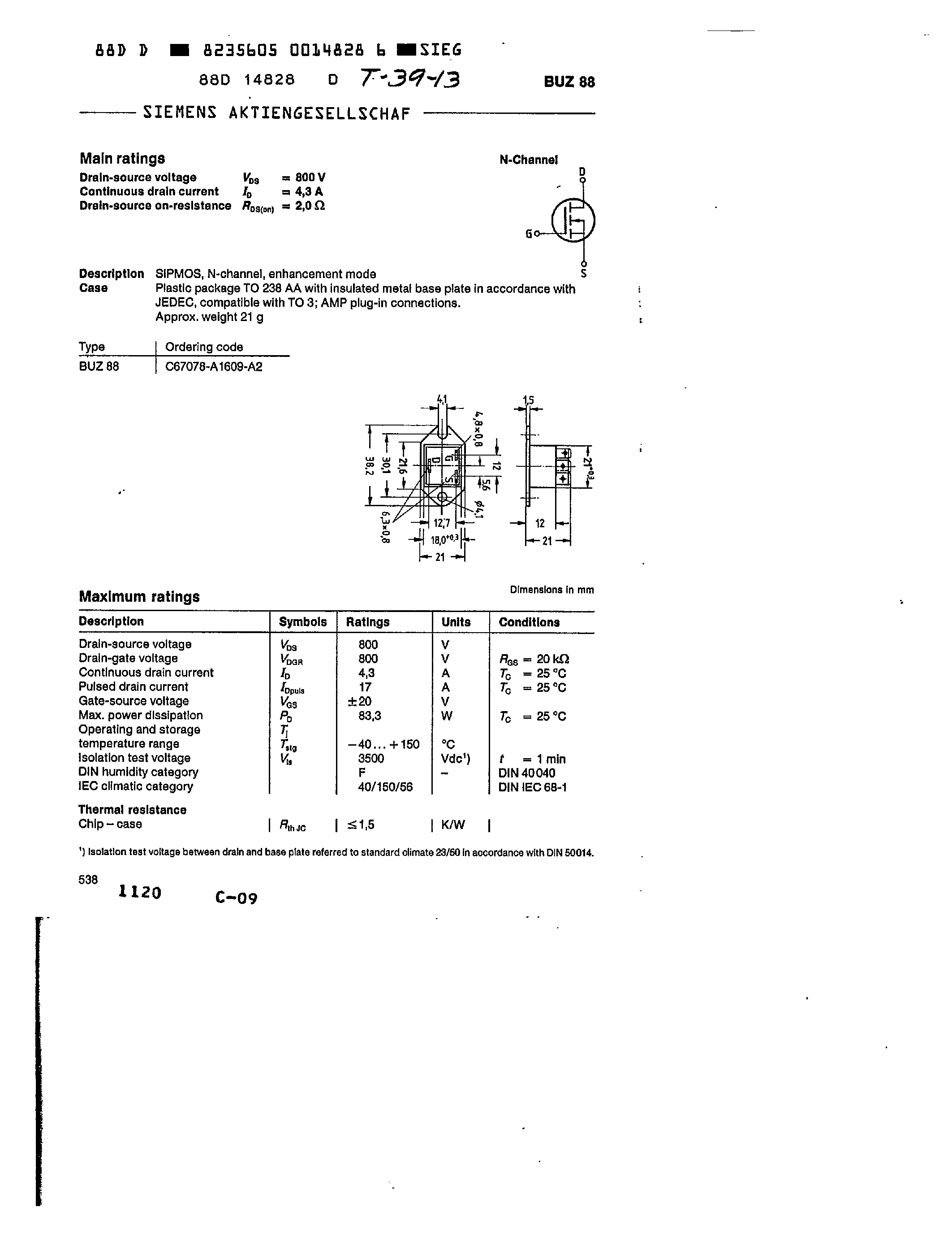Datasheet BUZ88 page 1 Datasheet BUZ88 - main ratings page 1