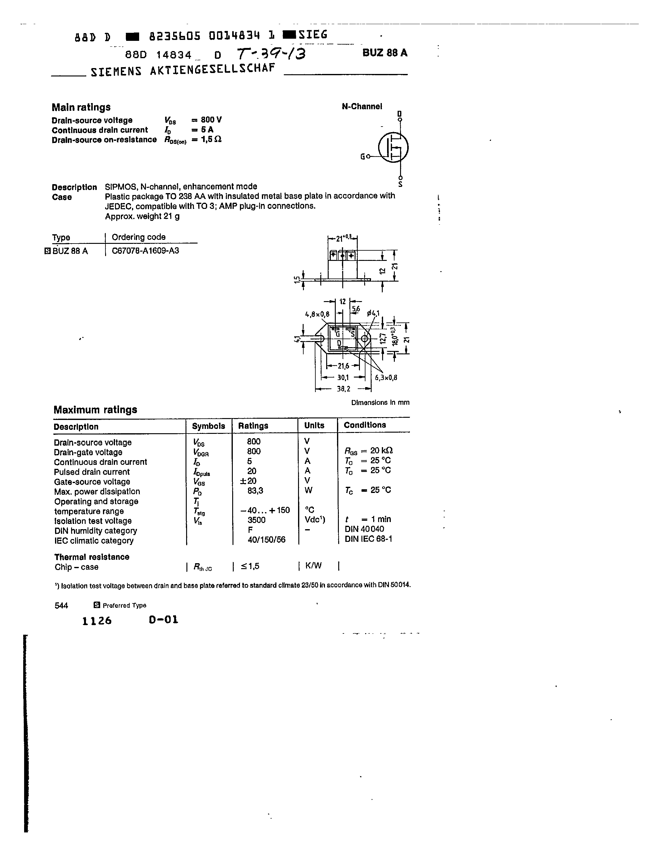 Datasheet BUZ88A page 1 Datasheet BUZ88A - main ratings page 1
