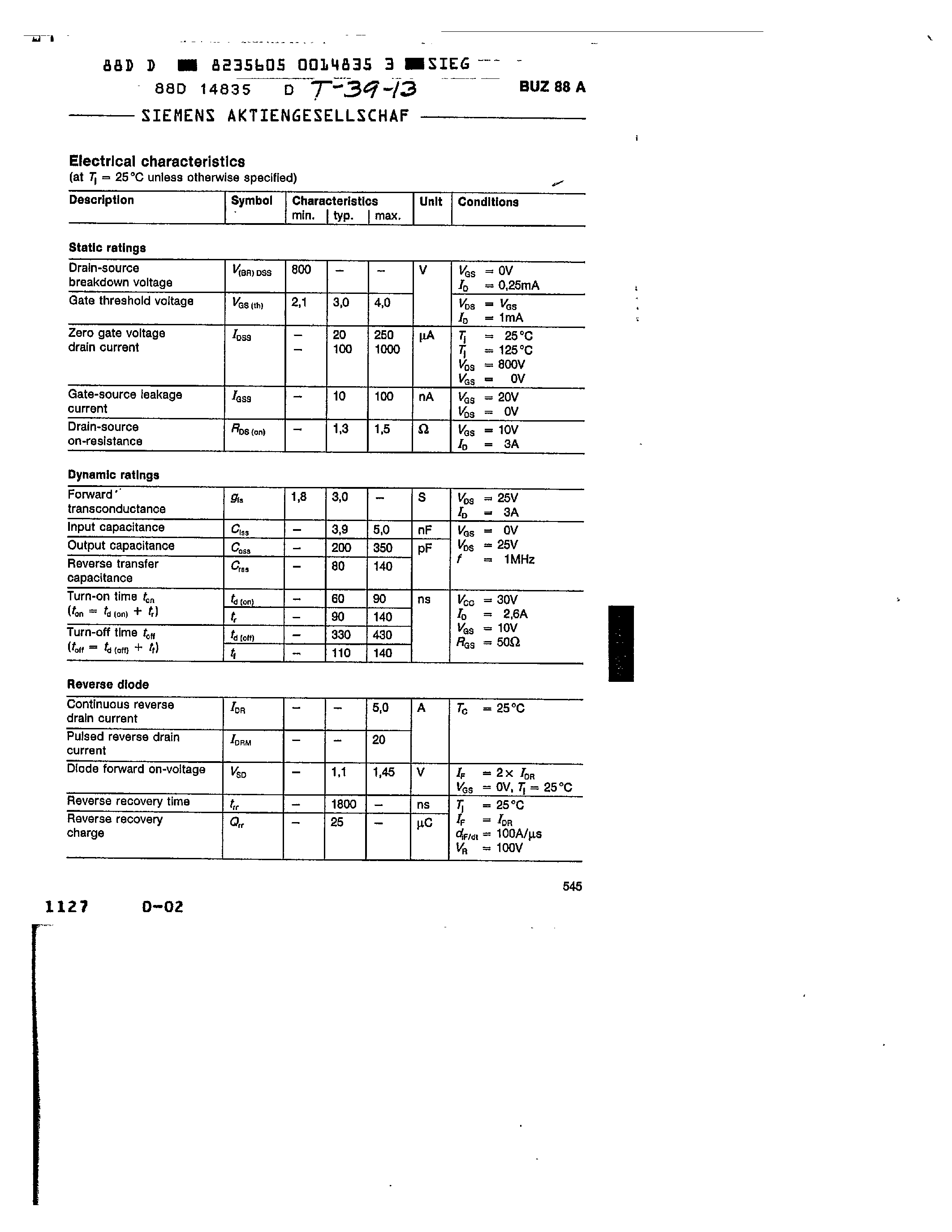 Datasheet BUZ88A page 2 Datasheet BUZ88A - main ratings page 2