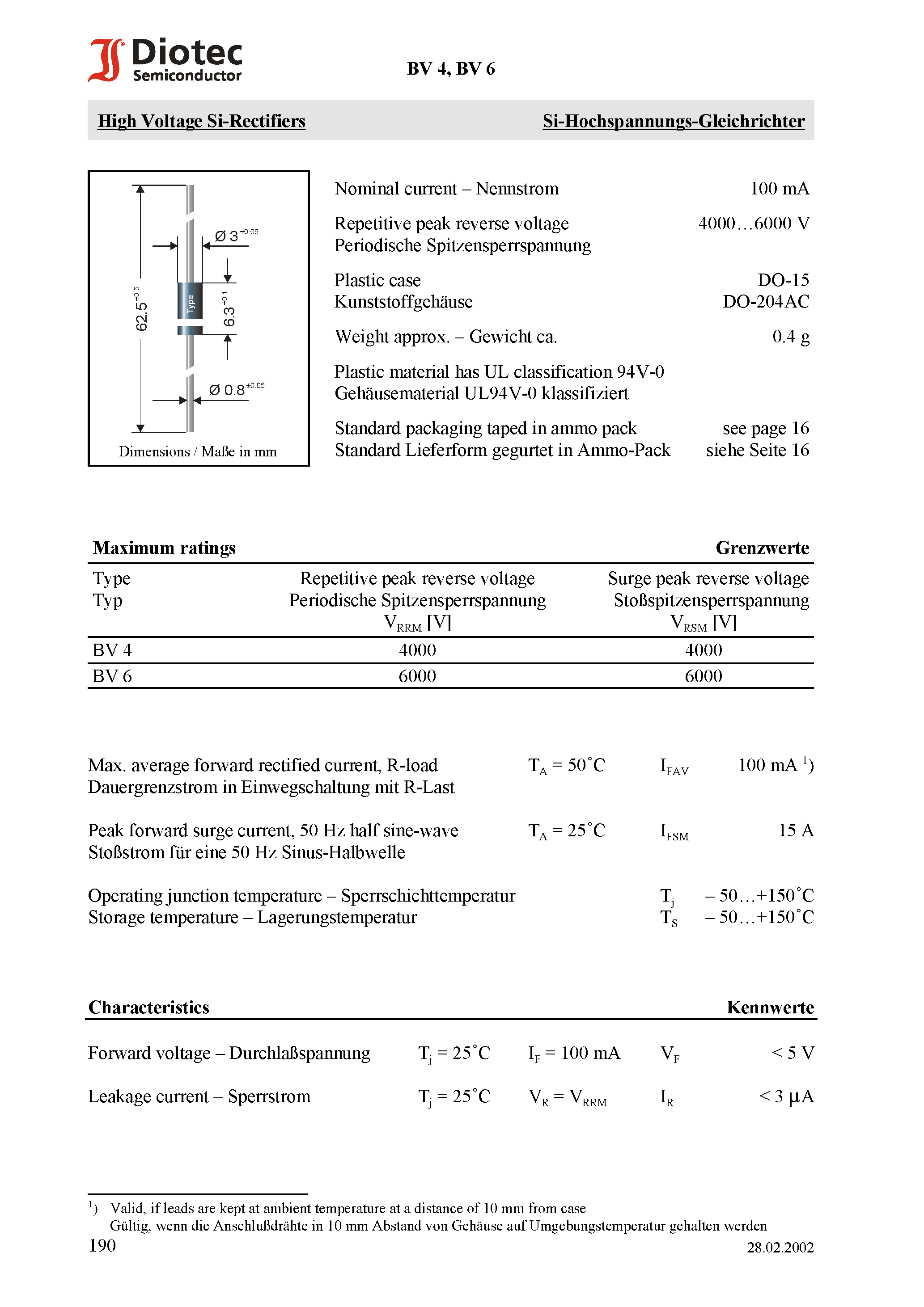 Datasheet BV4 page 1 Datasheet BV4 - High Voltage Si-Rectifiers page 1
