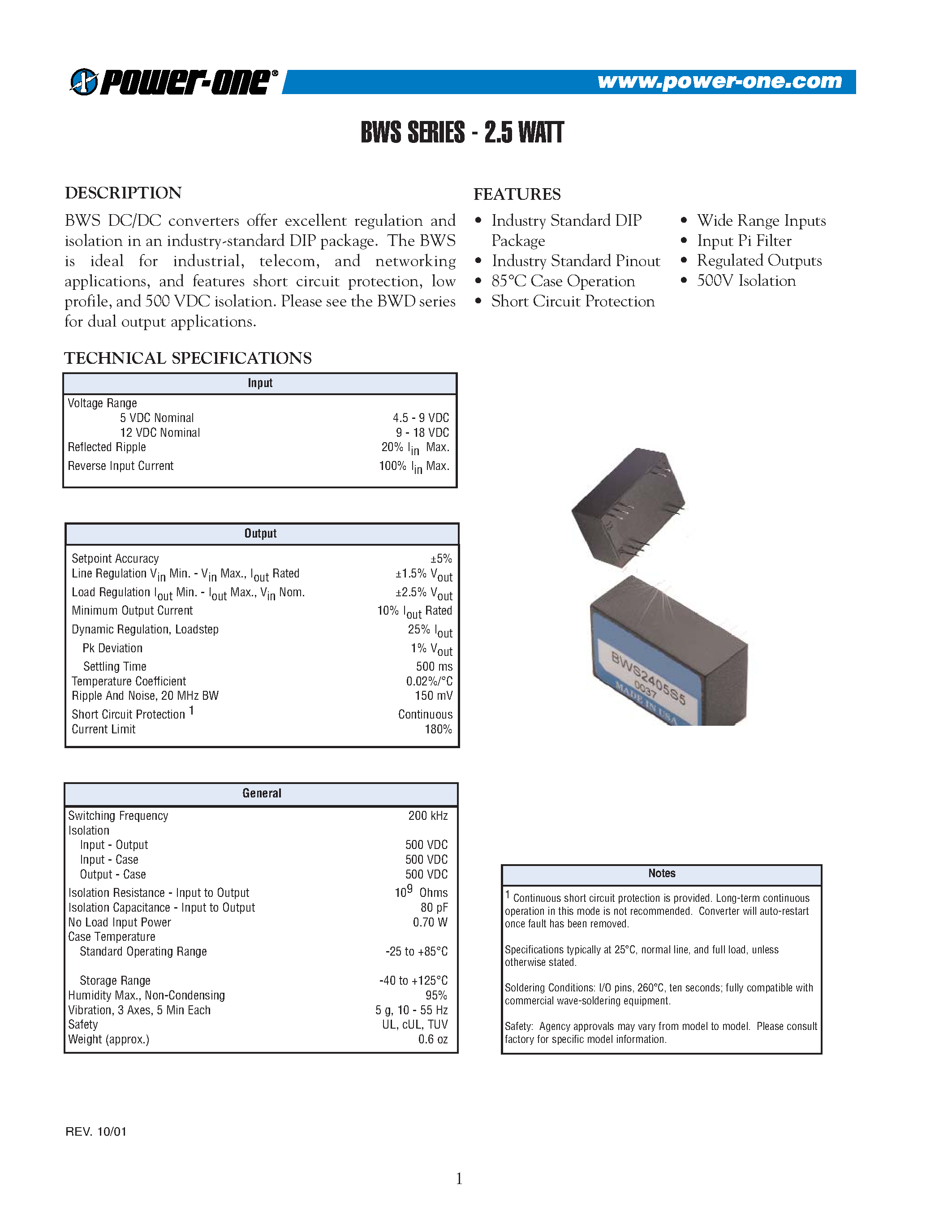 Datasheet BWS1215 - BWS DC/DC converters(2.5 WATT) page 1