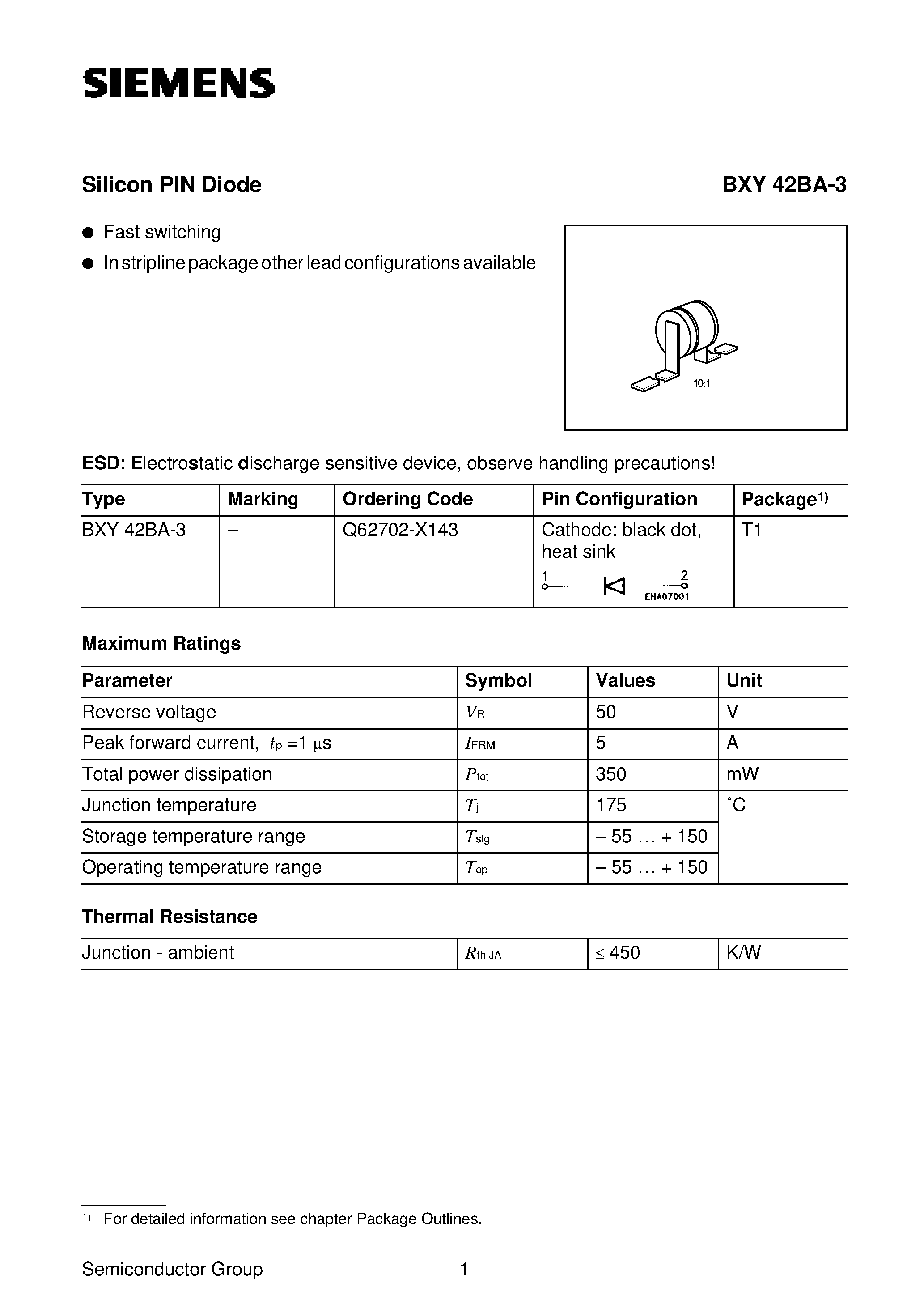 Datasheet BXY42BA-3 page 1 Datasheet BXY42BA-3 - Silicon PIN Diode (Fast switching In stripline package other lead configurations available) page 1
