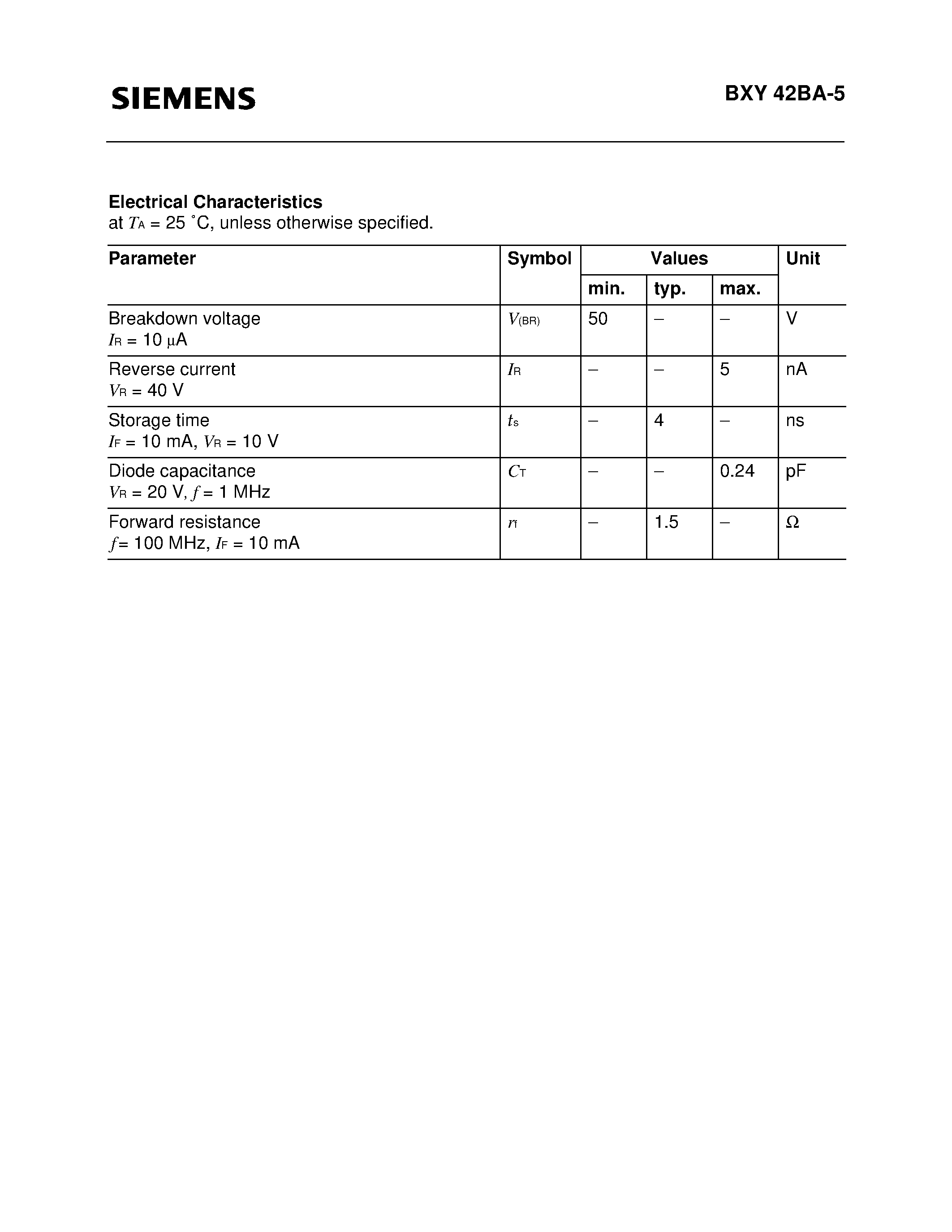 Даташит на микросхему BXY42BA-5 страница 2 Даташит BXY42BA-5 - Silicon PIN Diode (Fast switching Coax package) страница 2