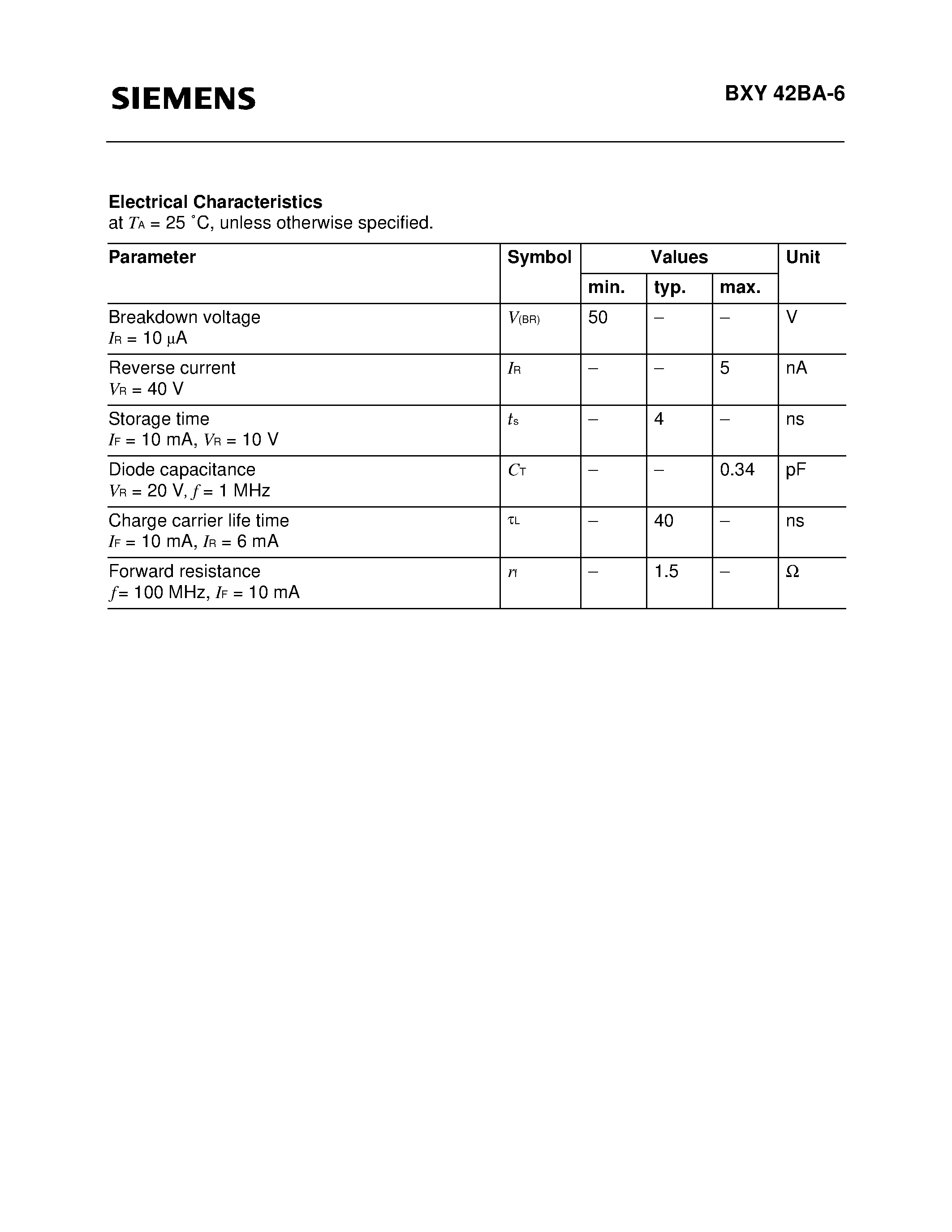 Даташит на микросхему BXY42BA-6 страница 2 Даташит BXY42BA-6 - Silicon PIN Diode (Fast switching Coax package) страница 2