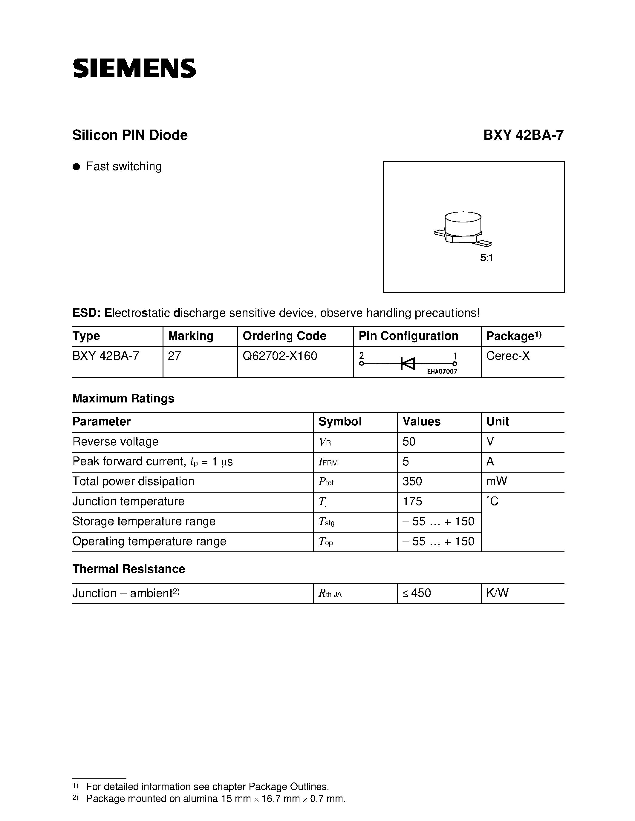 Datasheet BXY42BA-7 - Silicon PIN Diode (Fast switching) page 1