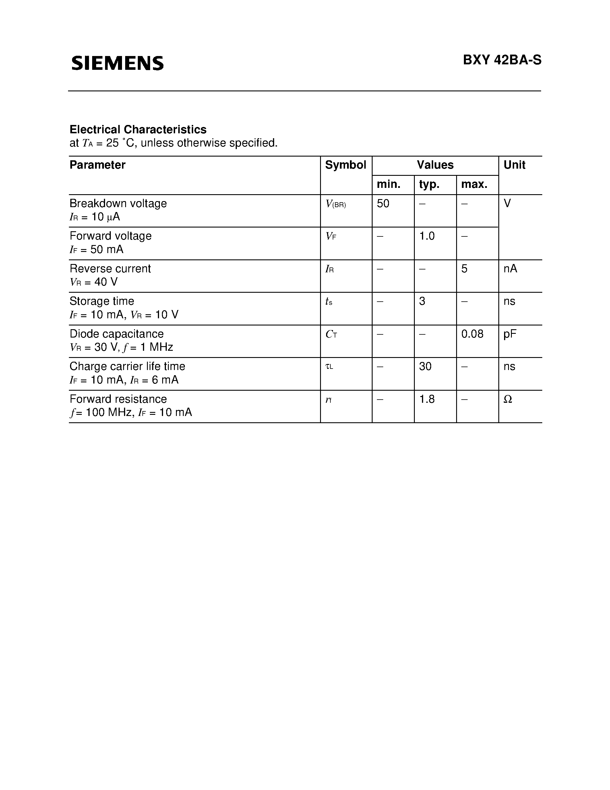 Datasheet BXY42BA-S - Silicon PIN Diodes (Beam lead version Fast switching) page 2