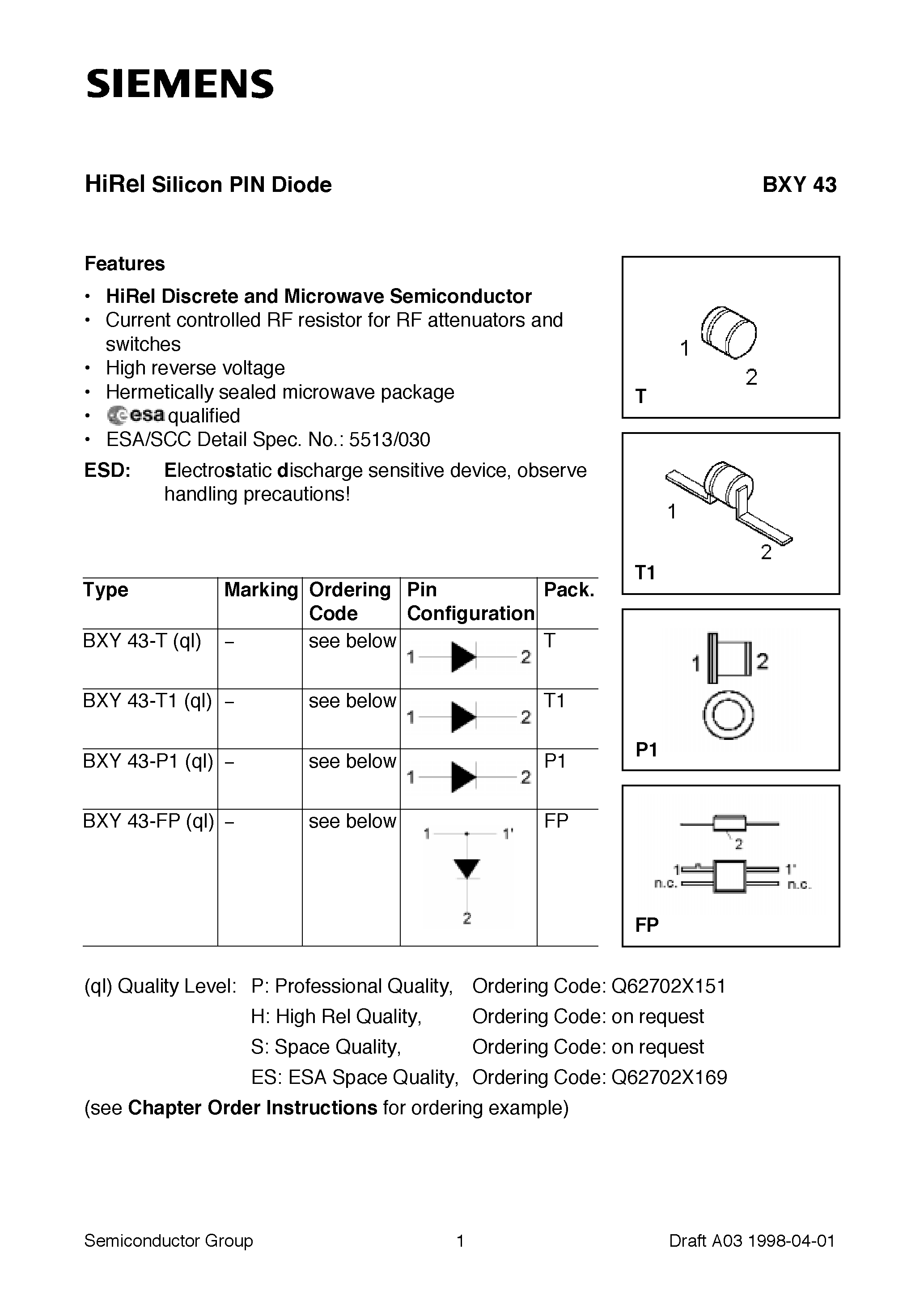 Даташит BXY43-T - HiRel Silicon PIN Diode (HiRel Discrete and Microwave Semiconductor Current controlled RF resistor for RF attenuators and switches) страница 1