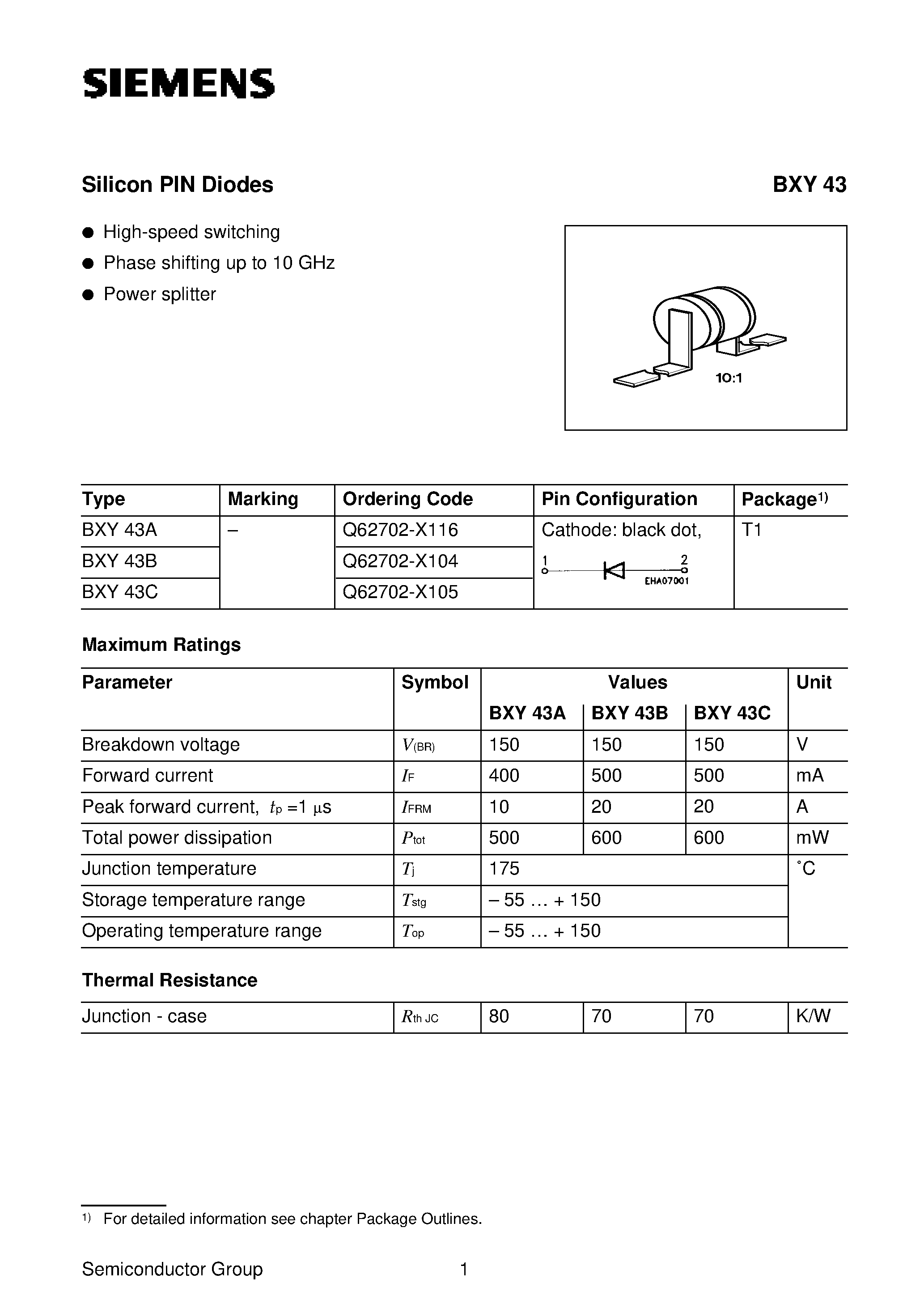 Даташит на микросхему BXY43B страница 1 Даташит BXY43B - Silicon PIN Diodes (High-speed switching Phase shifting up to 10 GHz Power splitter) страница 1