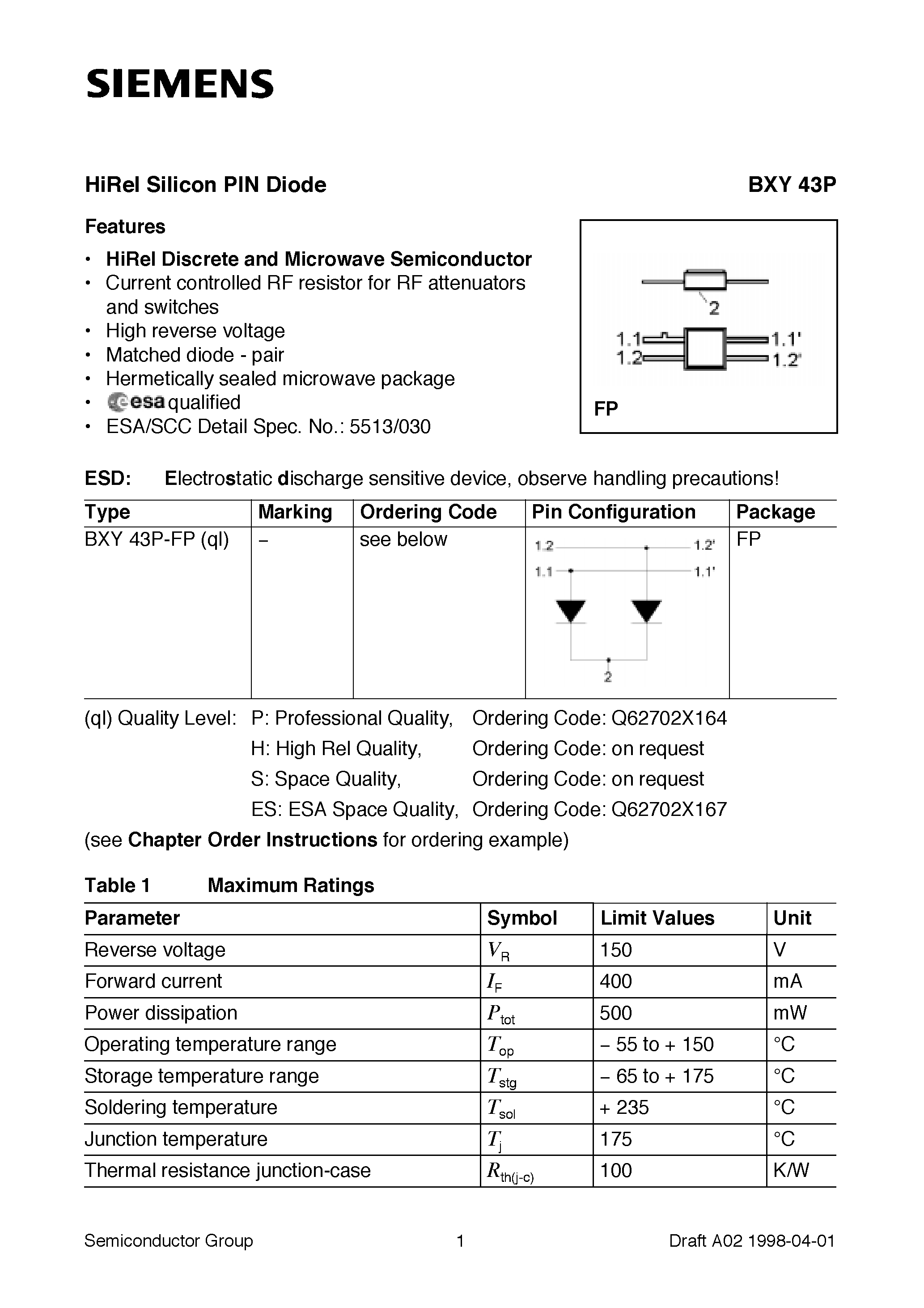 Datasheet BXY43P-FP - HiRel Silicon PIN Diode (HiRel Discrete and Microwave Semiconductor Current controlled RF resistor for RF attenuators and switches) page 1