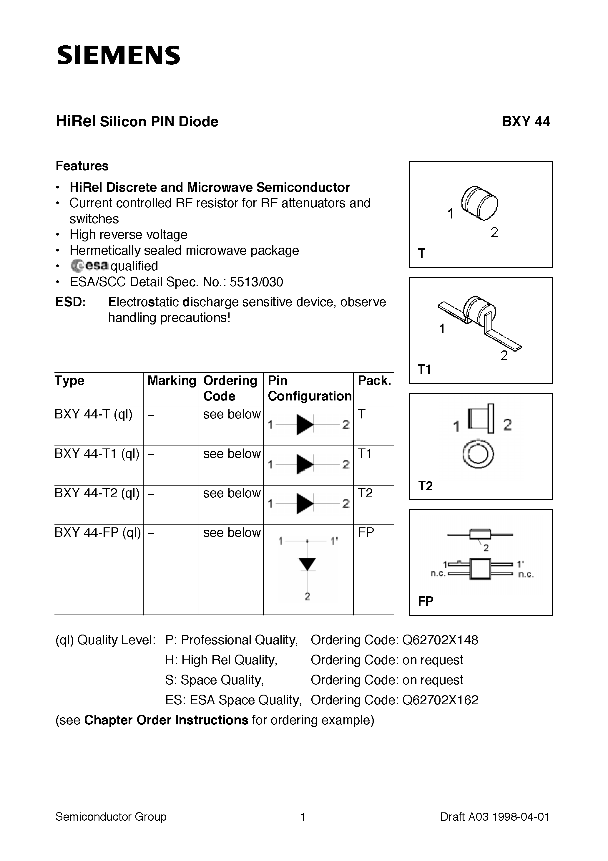 Даташит BXY44-FP - HiRel Silicon PIN Diode (HiRel Discrete and Microwave Semiconductor Current controlled RF resistor for RF attenuators and switches) страница 1