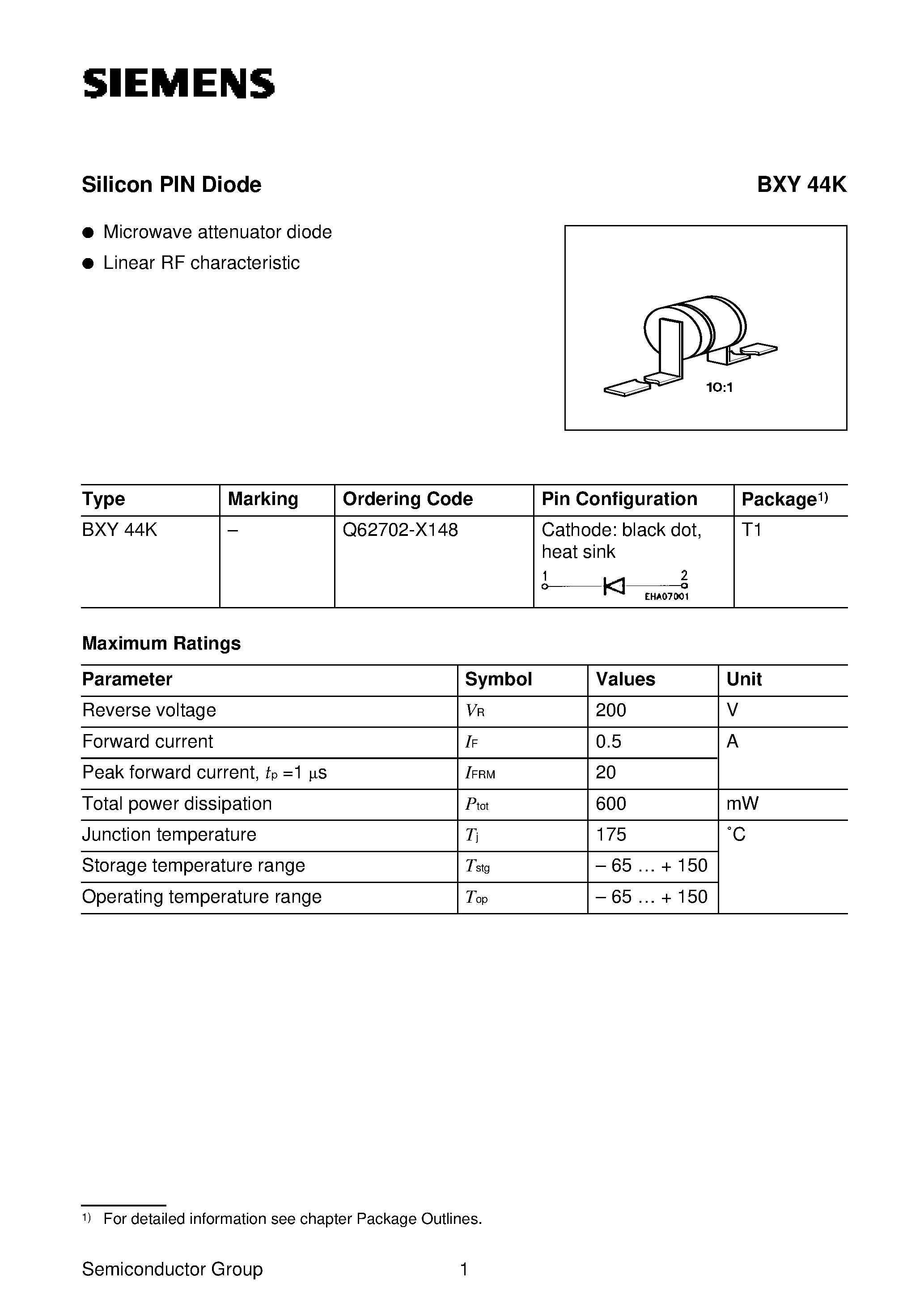 Datasheet BXY44K page 1 Datasheet BXY44K - Silicon PIN Diode (Microwave attenuator diode Linear RF characteristic) page 1