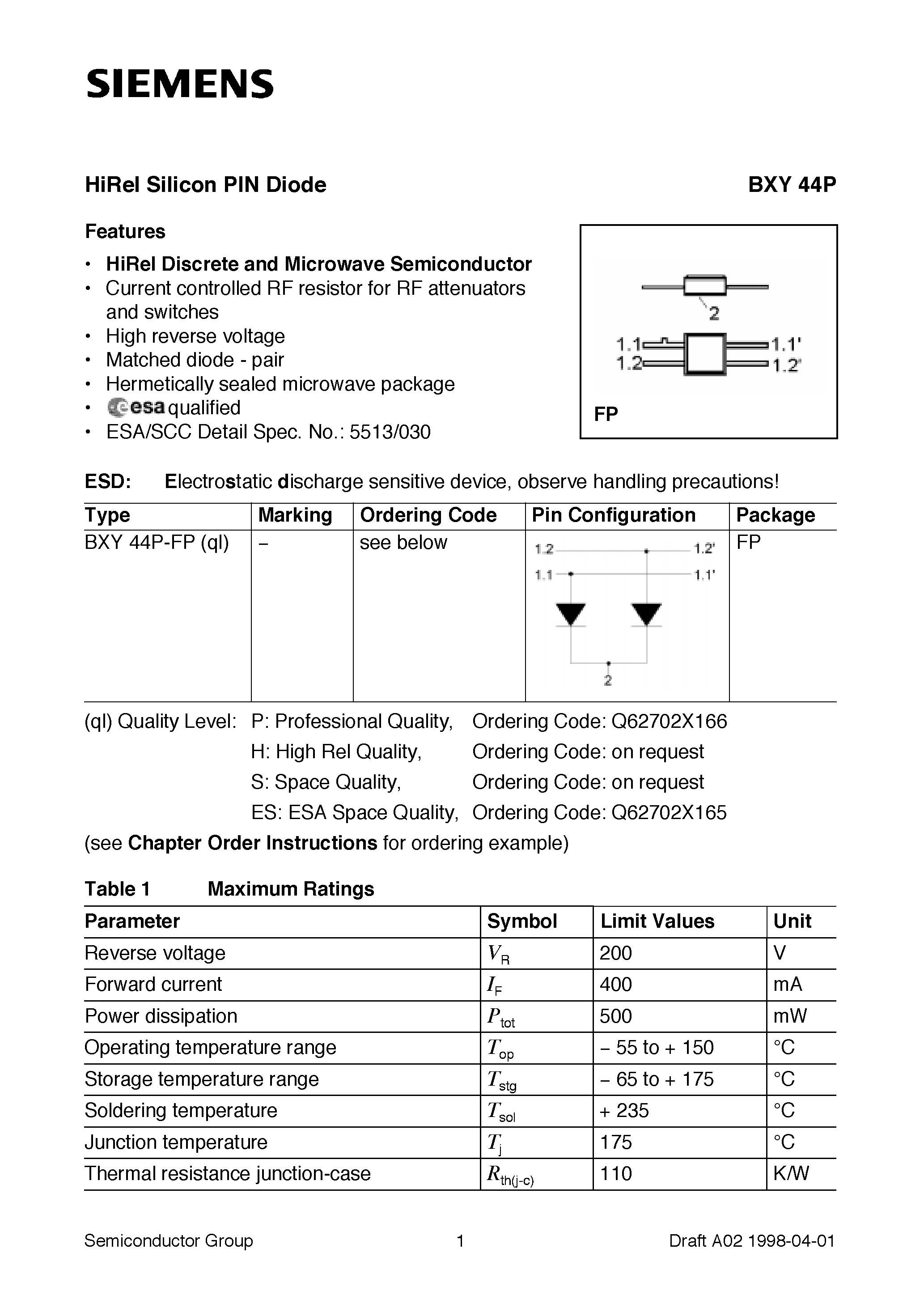 Даташит BXY44P-FP - HiRel Silicon PIN Diode (HiRel Discrete and Microwave Semiconductor Current controlled RF resistor for RF attenuators and switches) страница 1