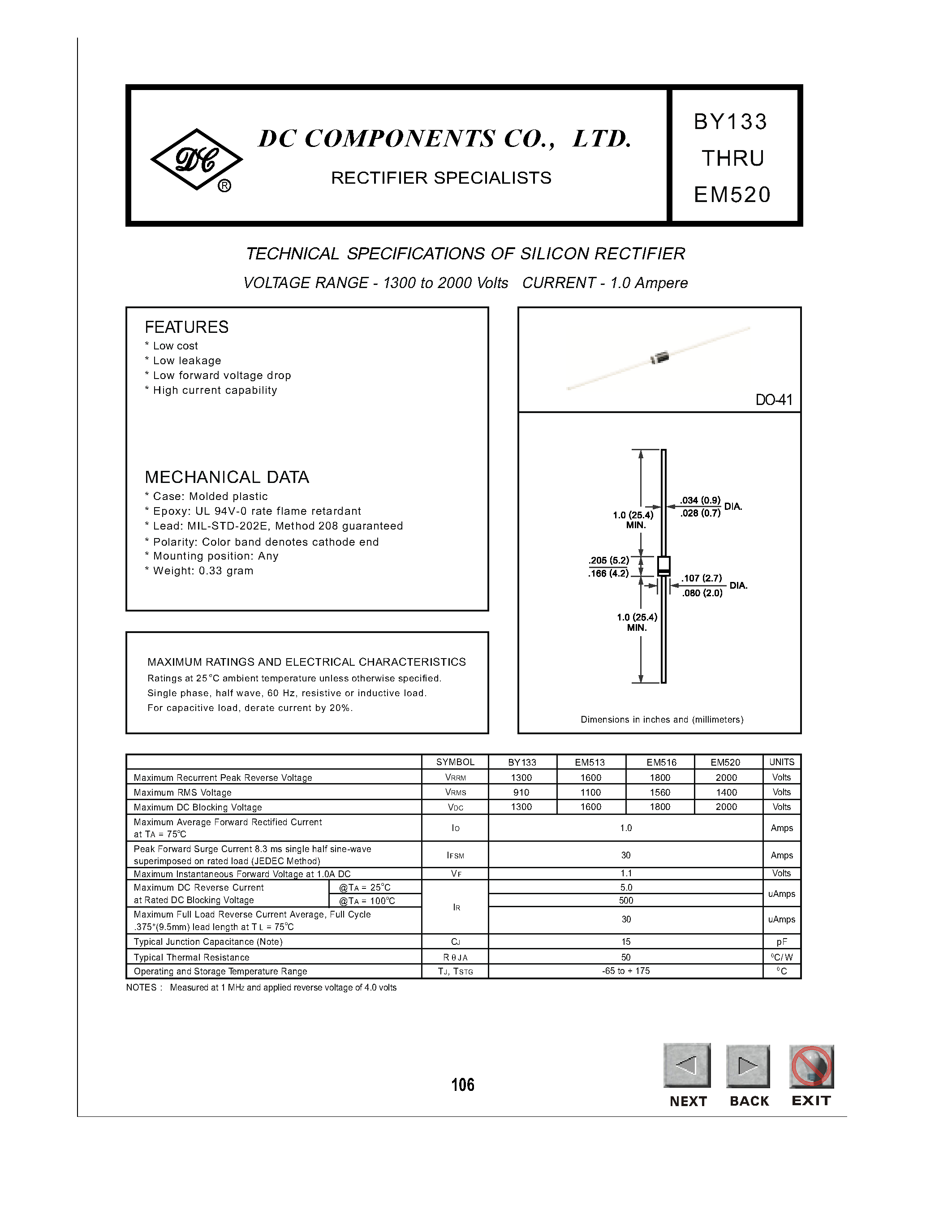 Datasheet BY133 - TECHNICAL SPECIFICATIONS OF SILICON RECTIFIER page 1