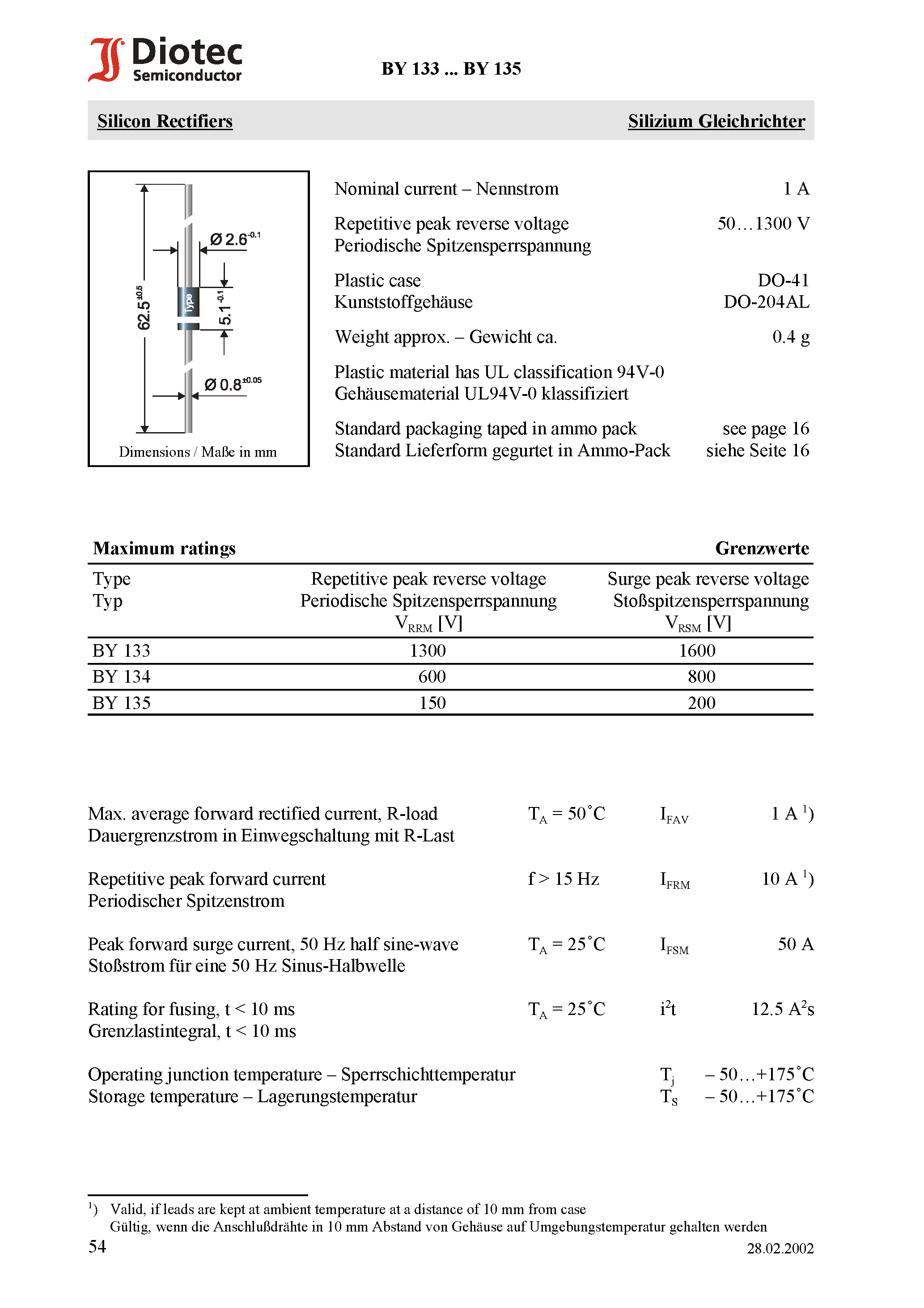 Datasheet BY134 - Silicon Rectifiers page 1