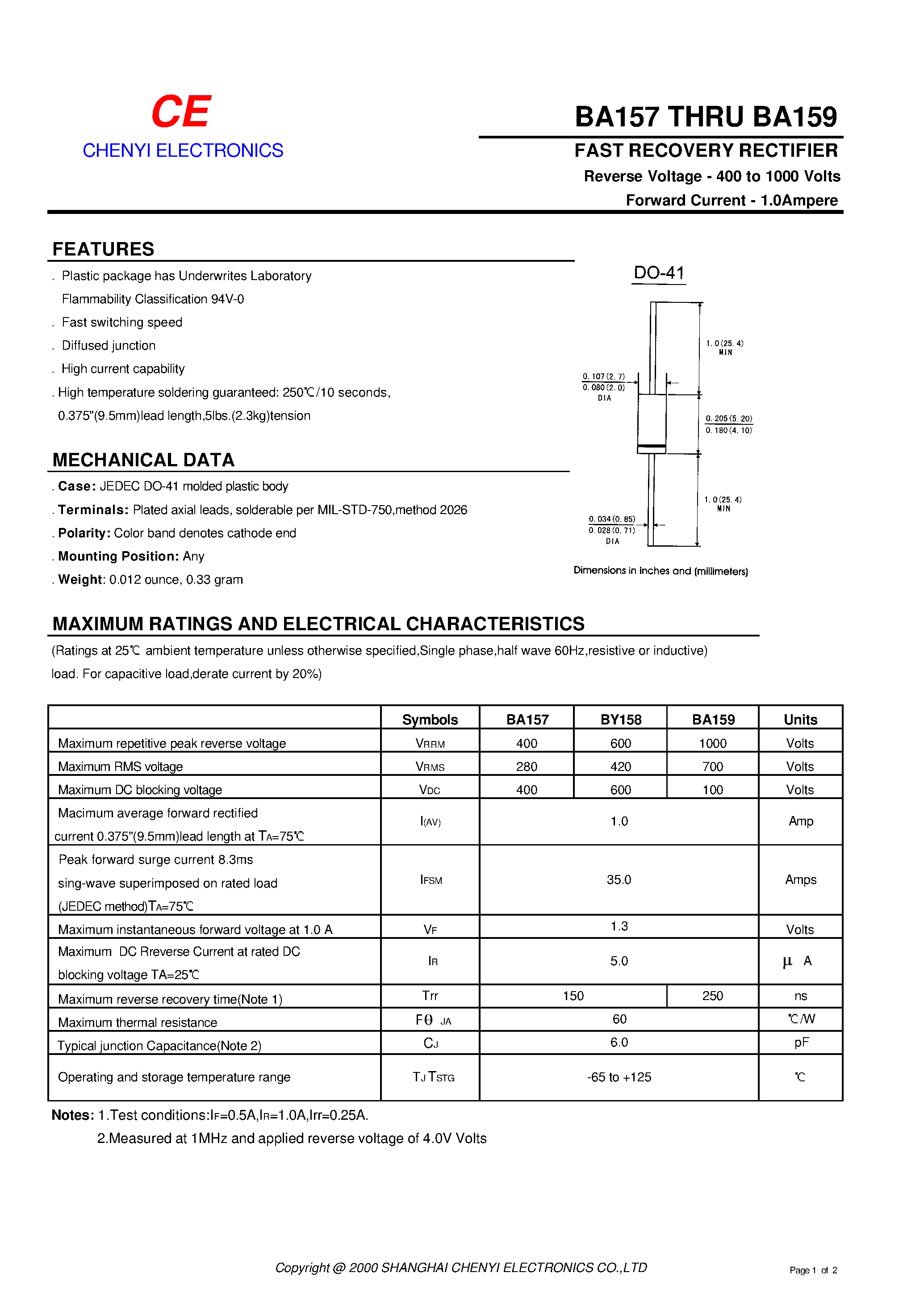 Datasheet BY158 - FAST RECOVERY RECTIFIER page 1