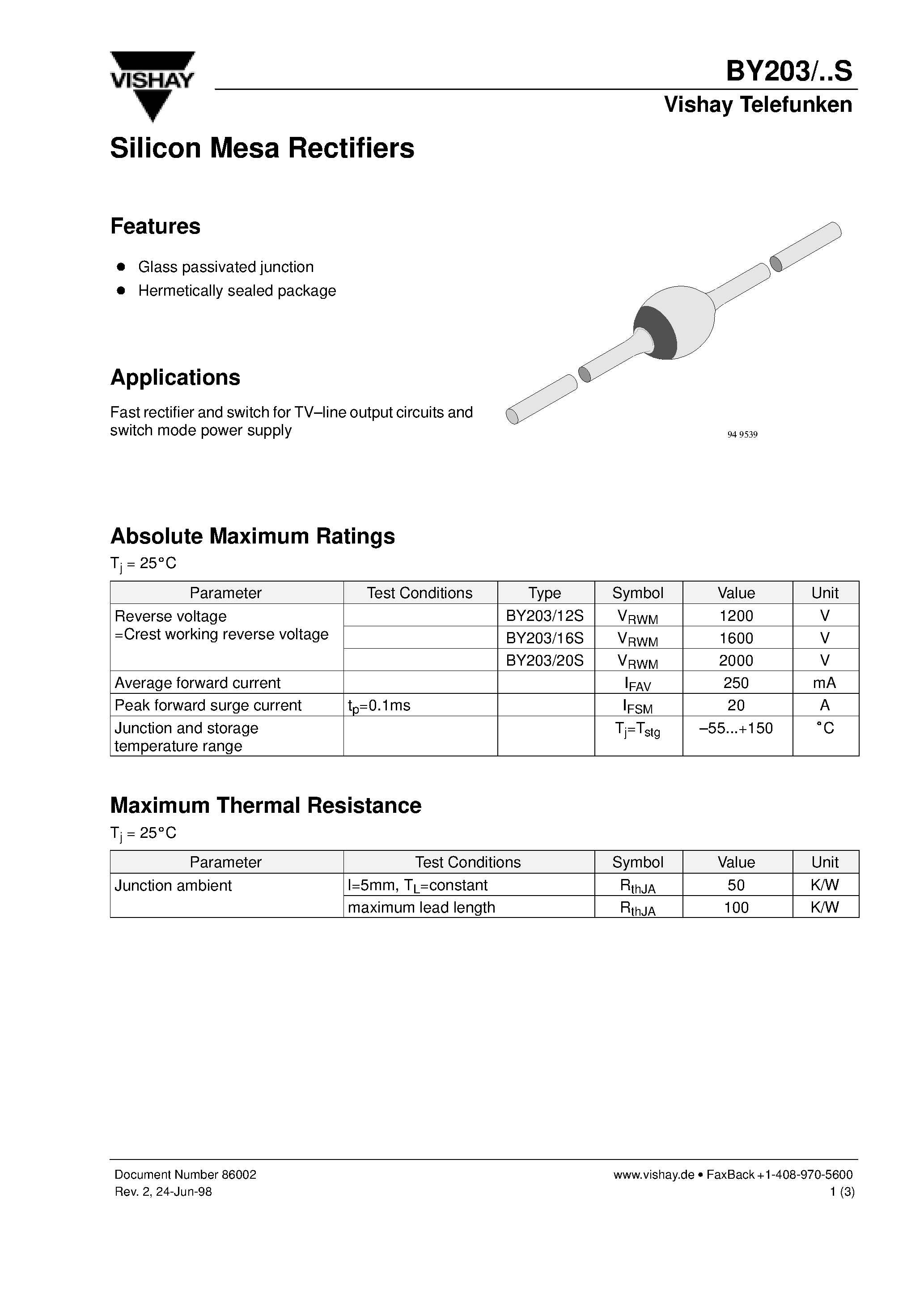 Datasheet BY203 - Silicon Mesa Rectifiers page 1