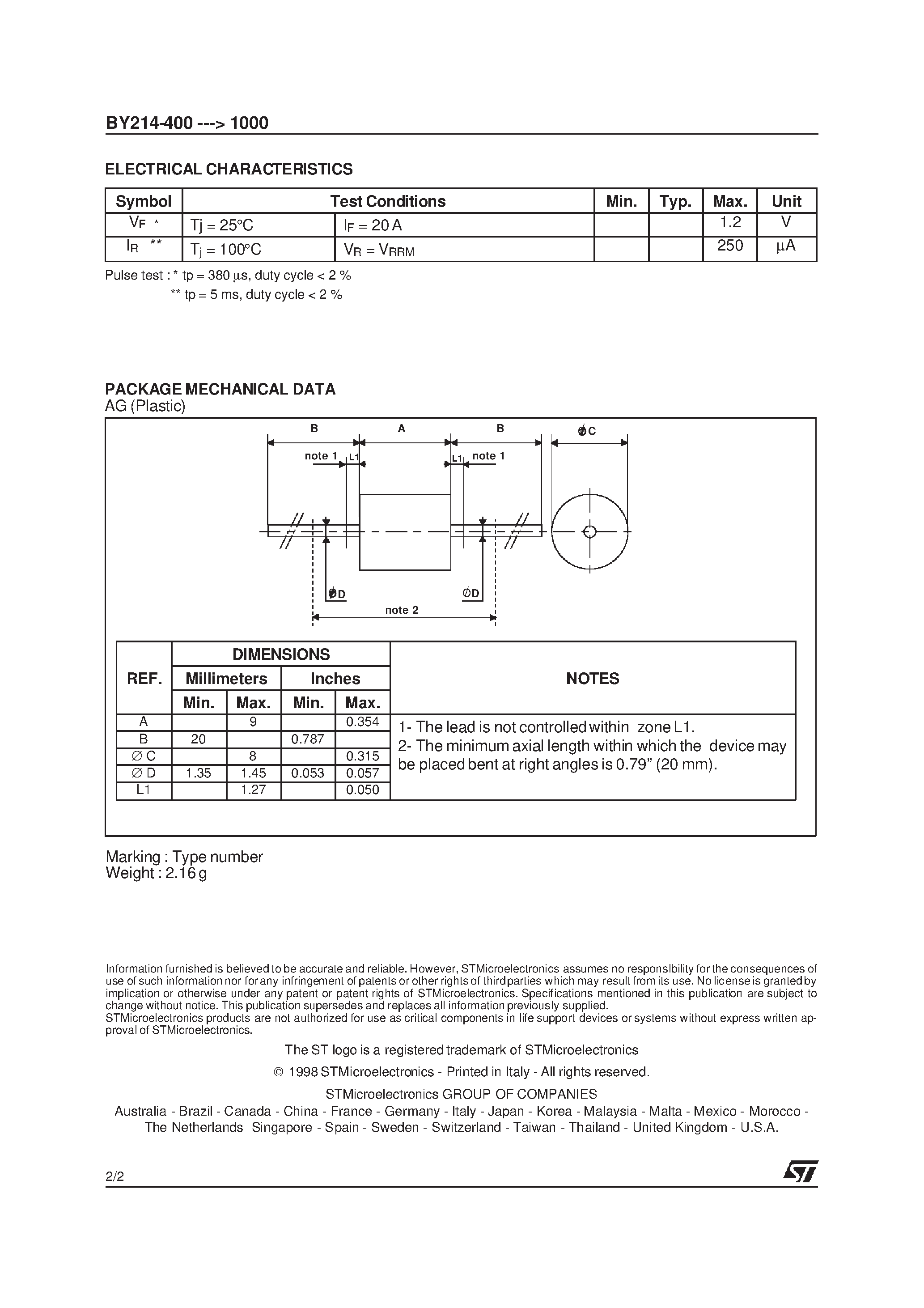 Datasheet BY214-400 page 2 Datasheet BY214-400 - RECTIFIER DIODES page 2