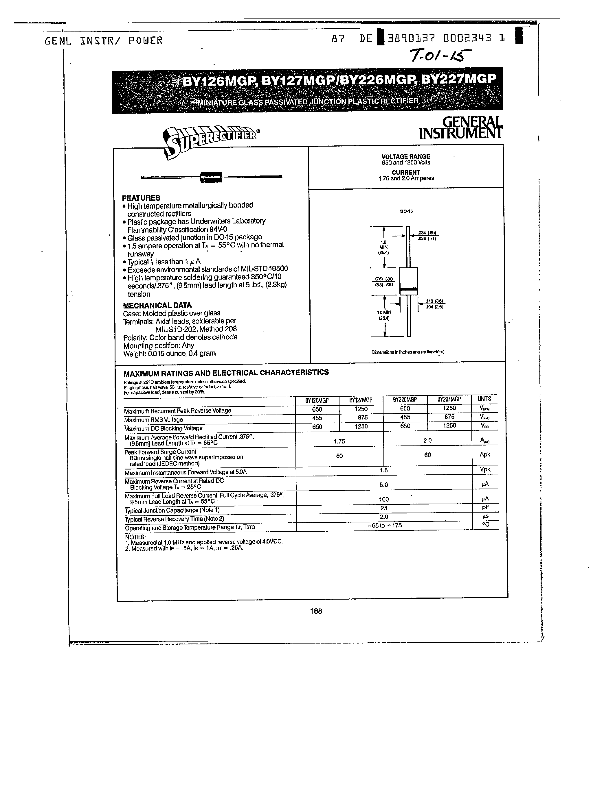 Datasheet BY227MGP page 1 Datasheet BY227MGP - MINIATURE GLASS PASSIVATED JUNCTION PLASTIC RECTIFIER page 1