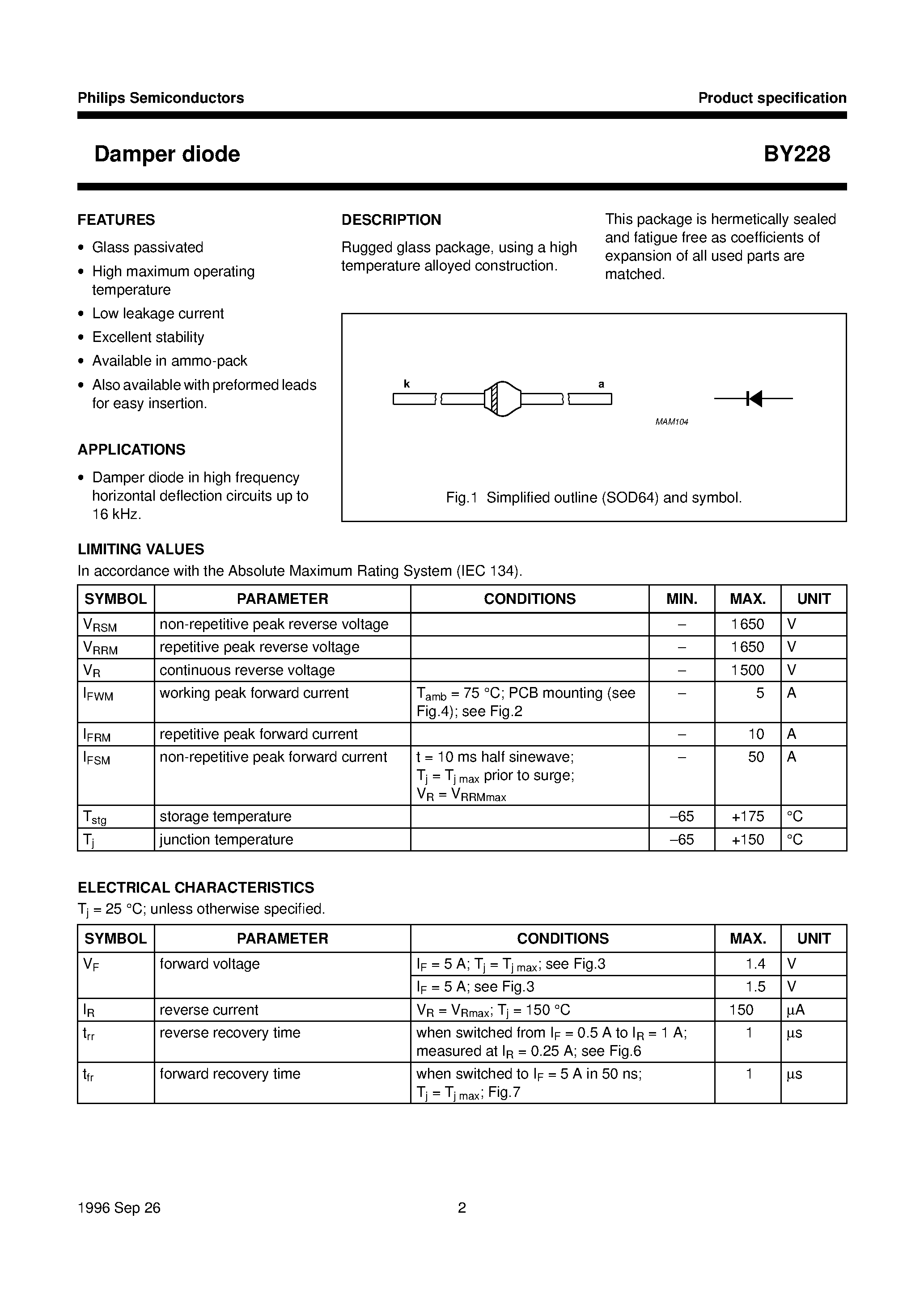 Datasheet BY228 page 2 Datasheet BY228 - Damper diode page 2