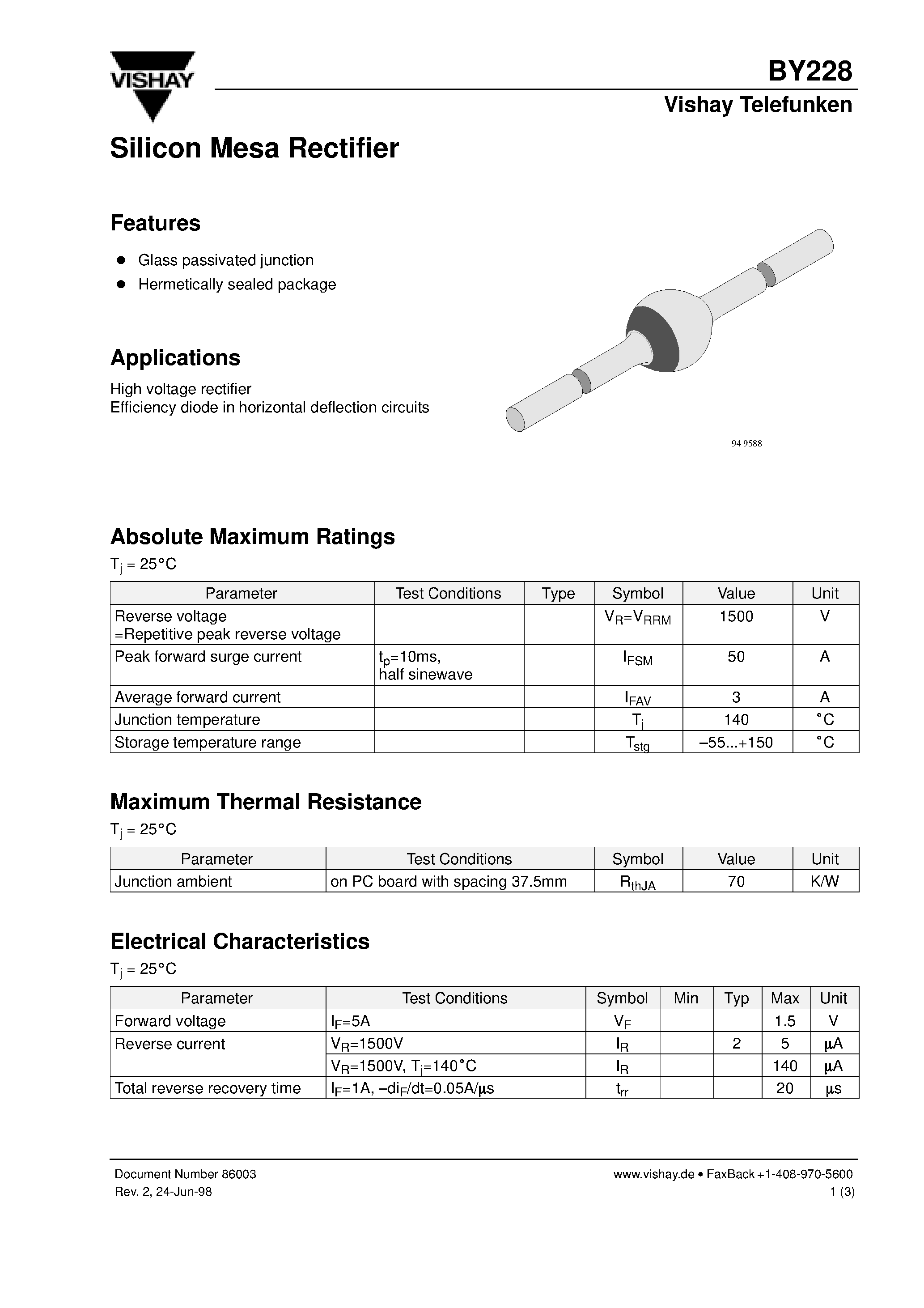 Datasheet BY228 page 1 Datasheet BY228 - Silicon Mesa Rectifier page 1