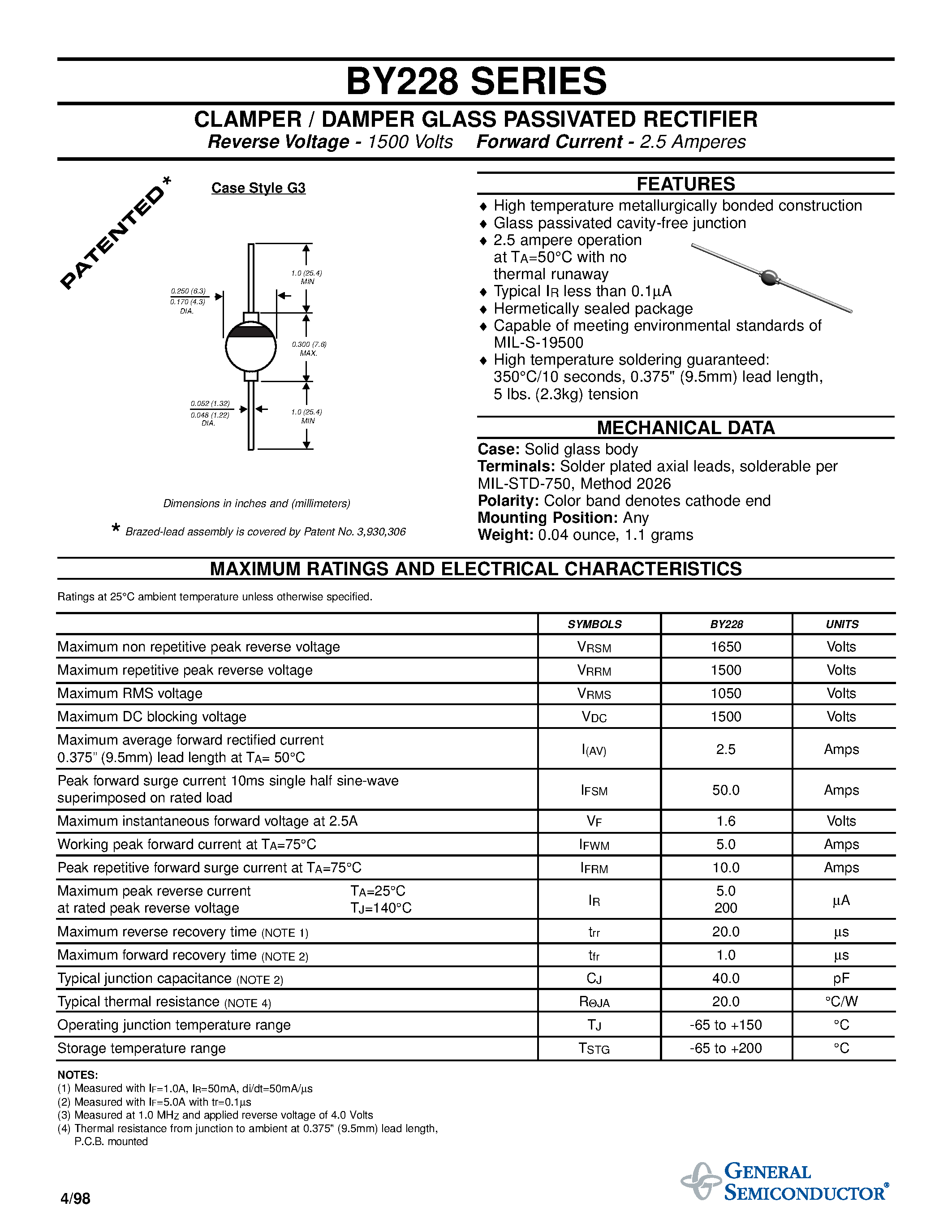 Datasheet BY228 - CLAMPER / DAMPER GLASS PASSIVATED RECTIFIER page 1