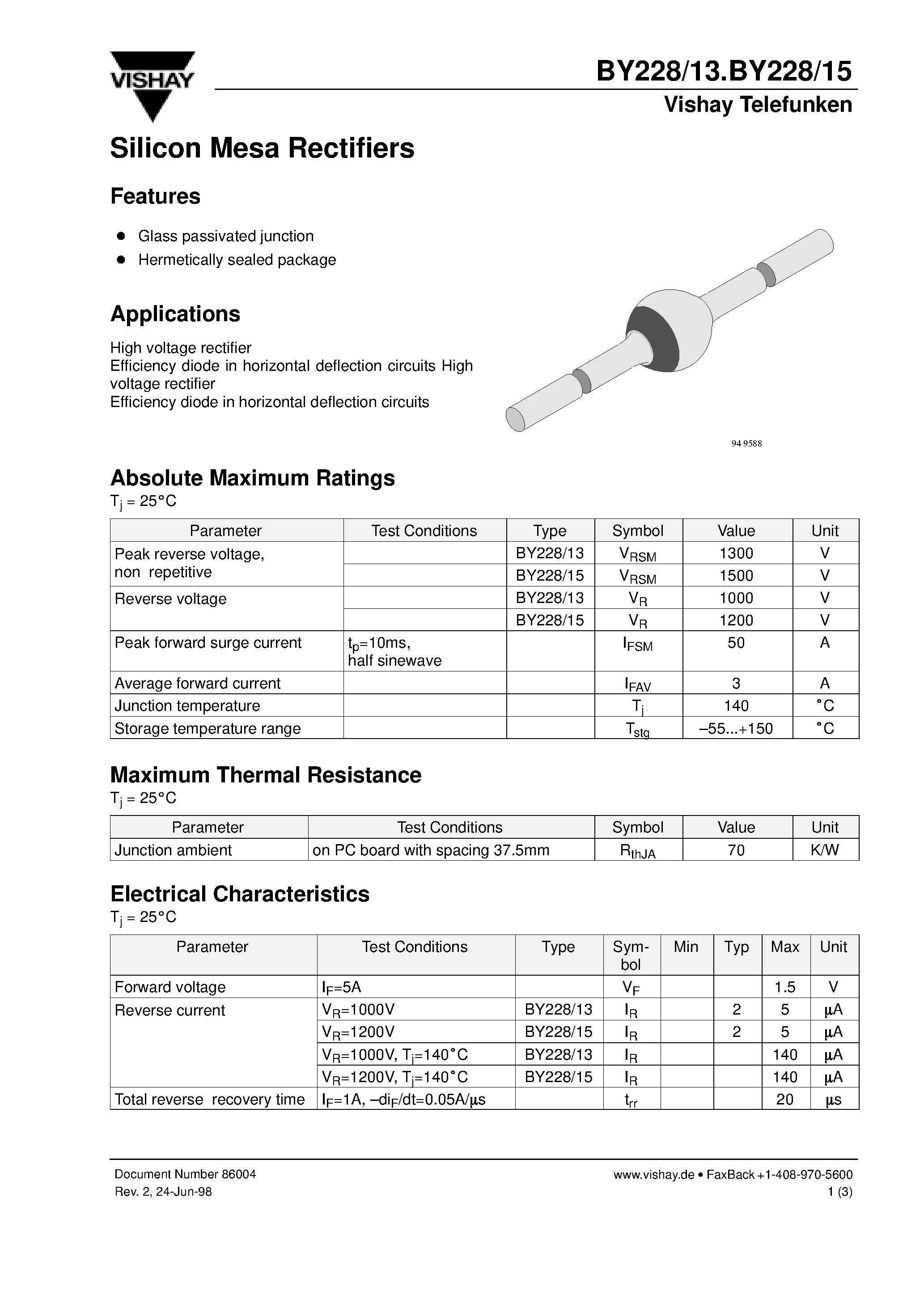 Datasheet BY228-13 page 1 Datasheet BY228-13 - Silicon Mesa Rectifiers page 1