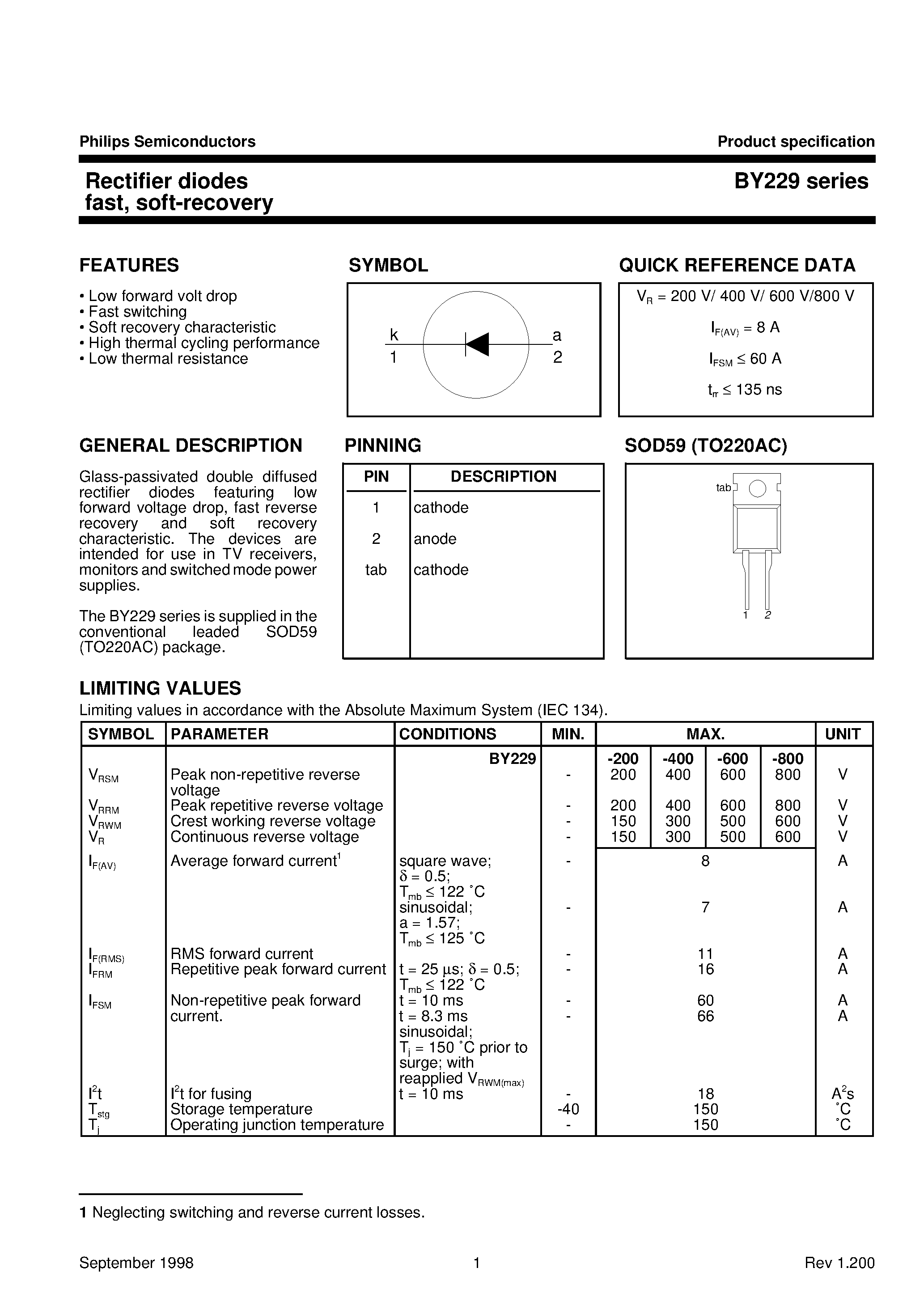 Datasheet BY229-600 page 1 Datasheet BY229-600 - Rectifier diodes fast/ soft-recovery page 1