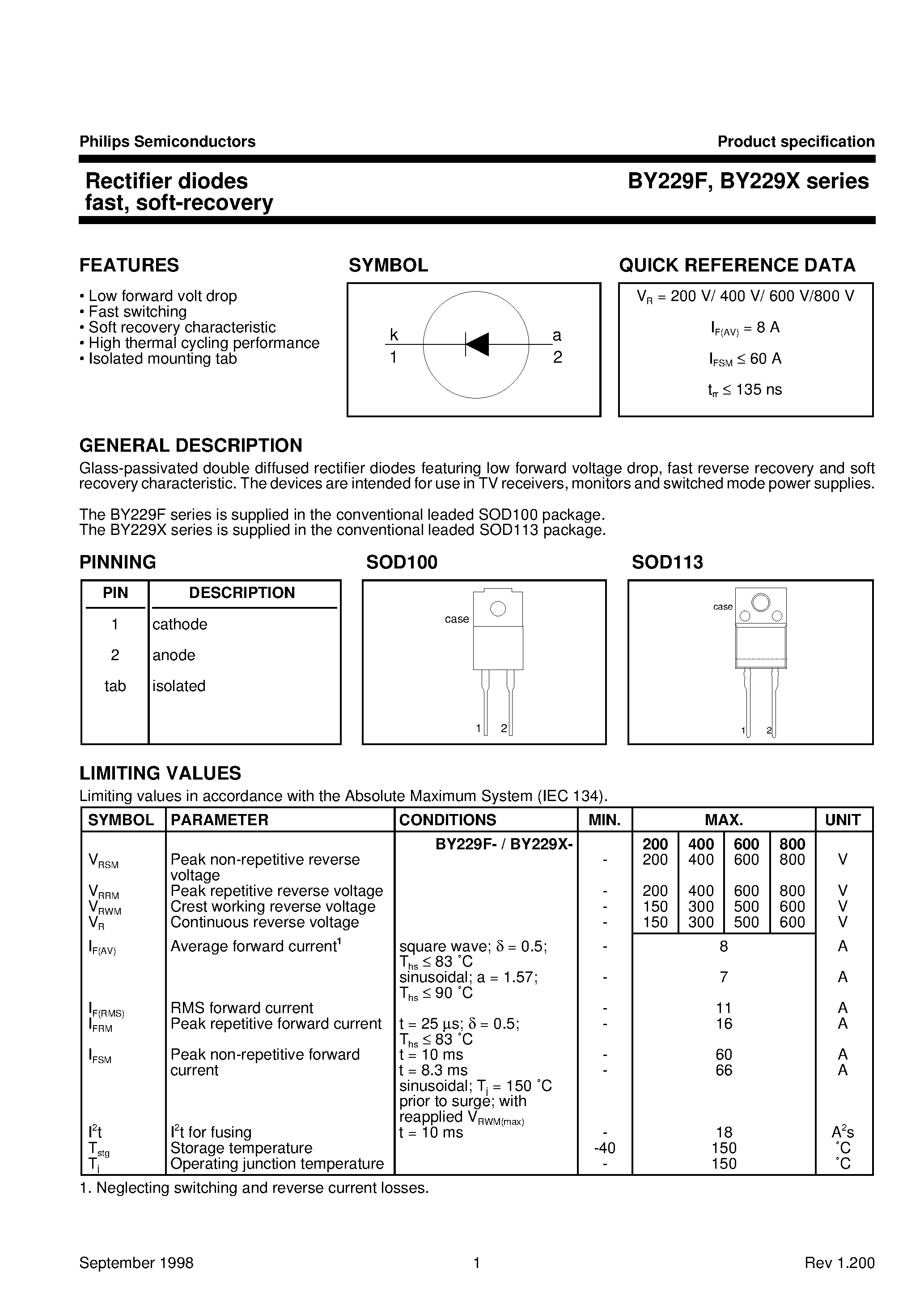 Datasheet BY229X page 1 Datasheet BY229X - Rectifier diodes fast/ soft-recovery page 1