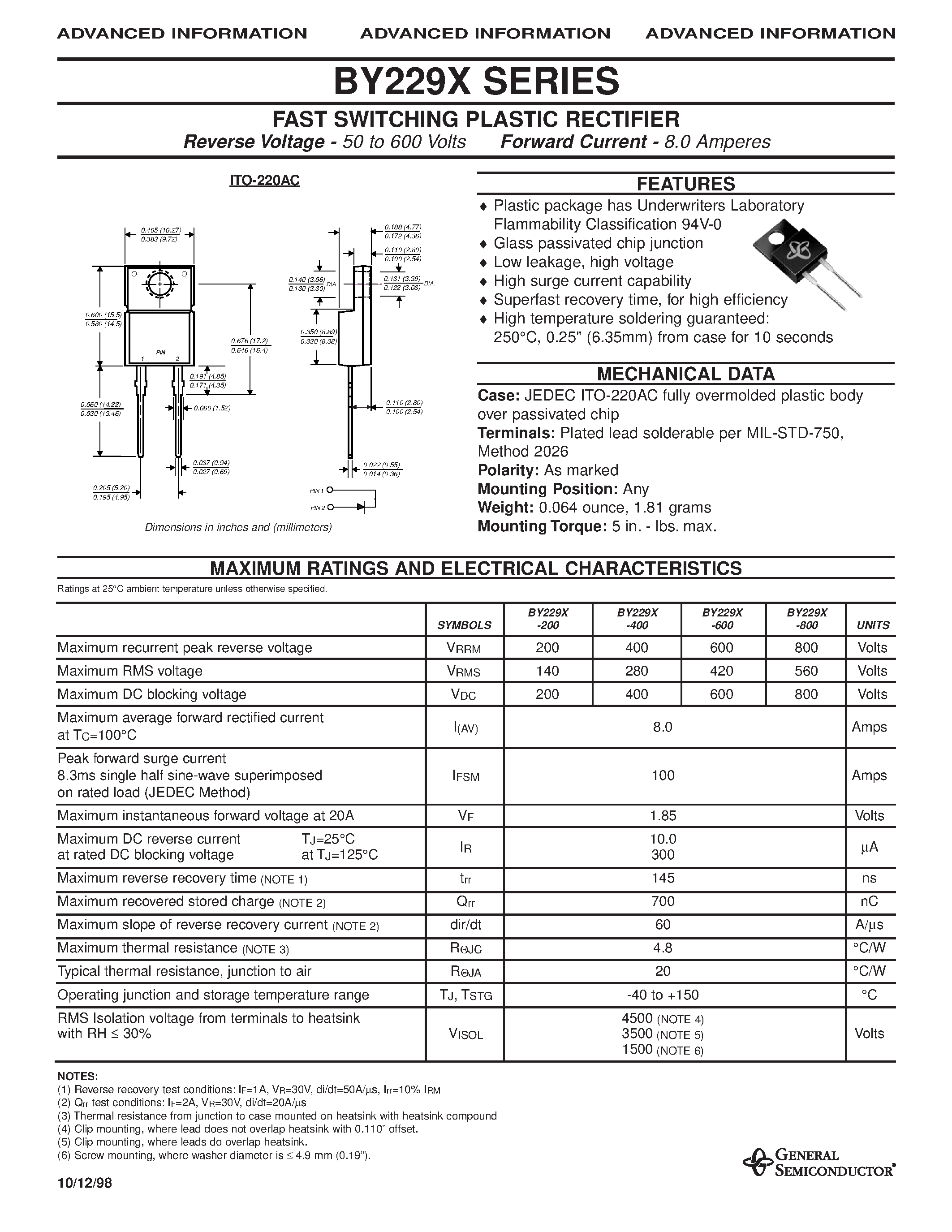 Datasheet BY229X-800 page 1 Datasheet BY229X-800 - FAST SWITCHING PLASTIC RECTIFIER page 1