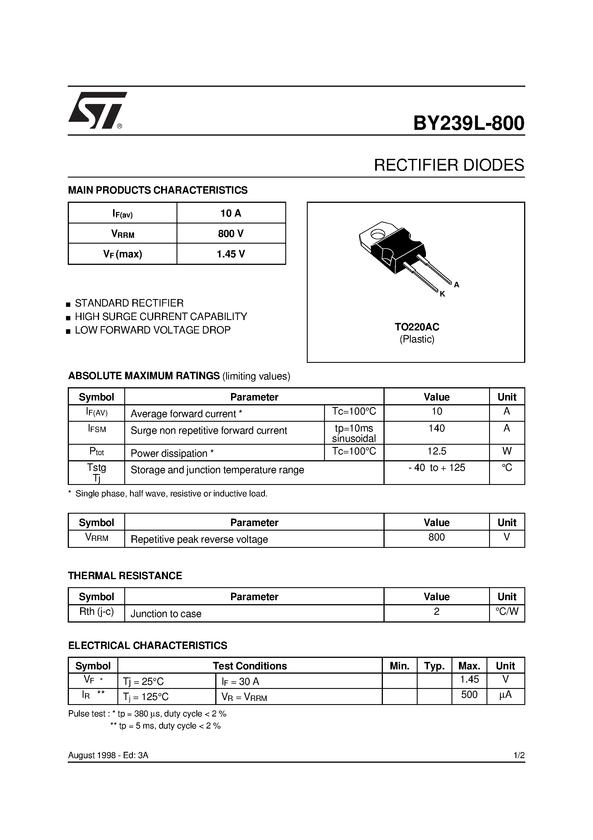 Datasheet BY239L-800 page 1 Datasheet BY239L-800 - RECTIFIER DIODES page 1