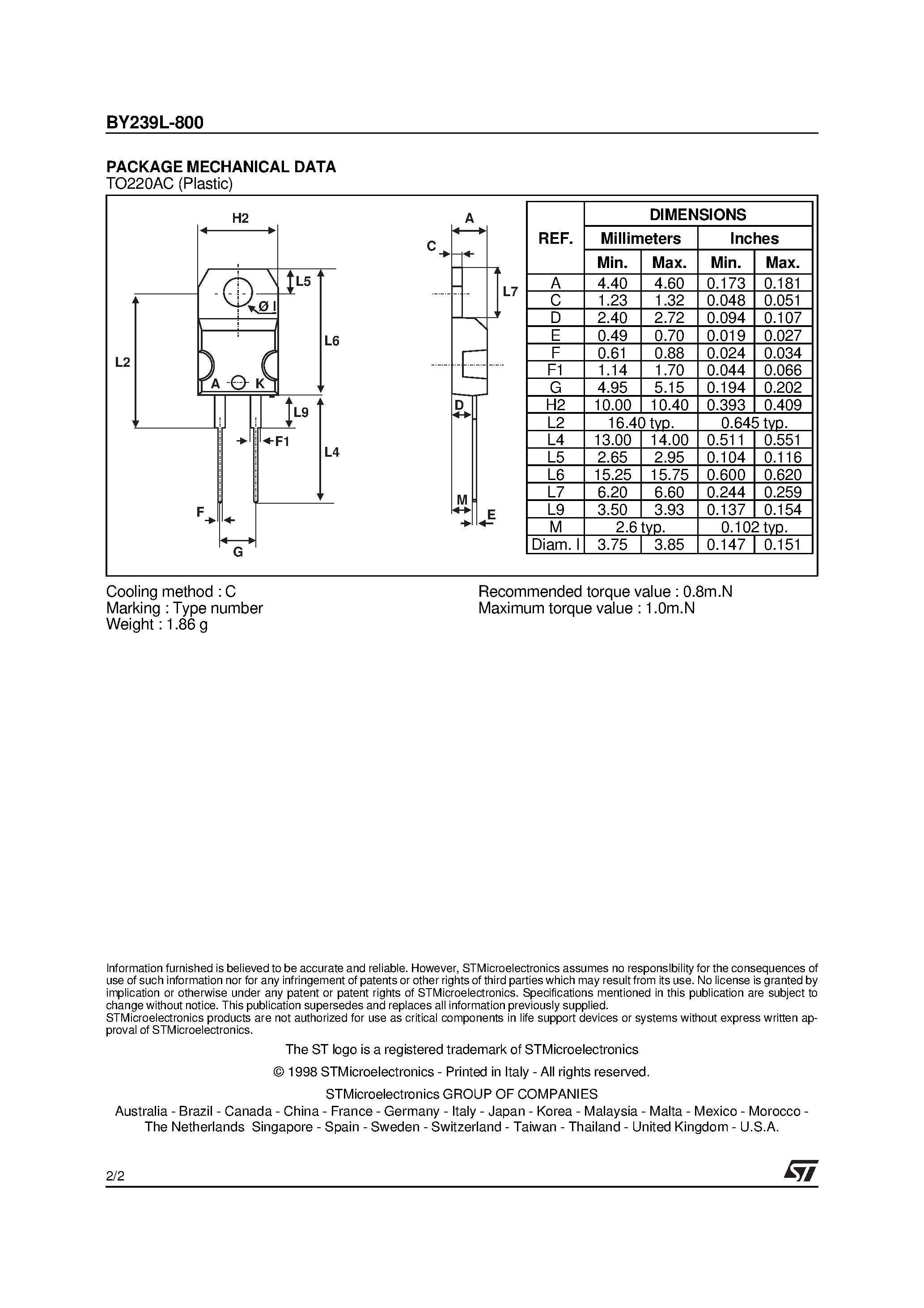 Datasheet BY239L-800 page 2 Datasheet BY239L-800 - RECTIFIER DIODES page 2