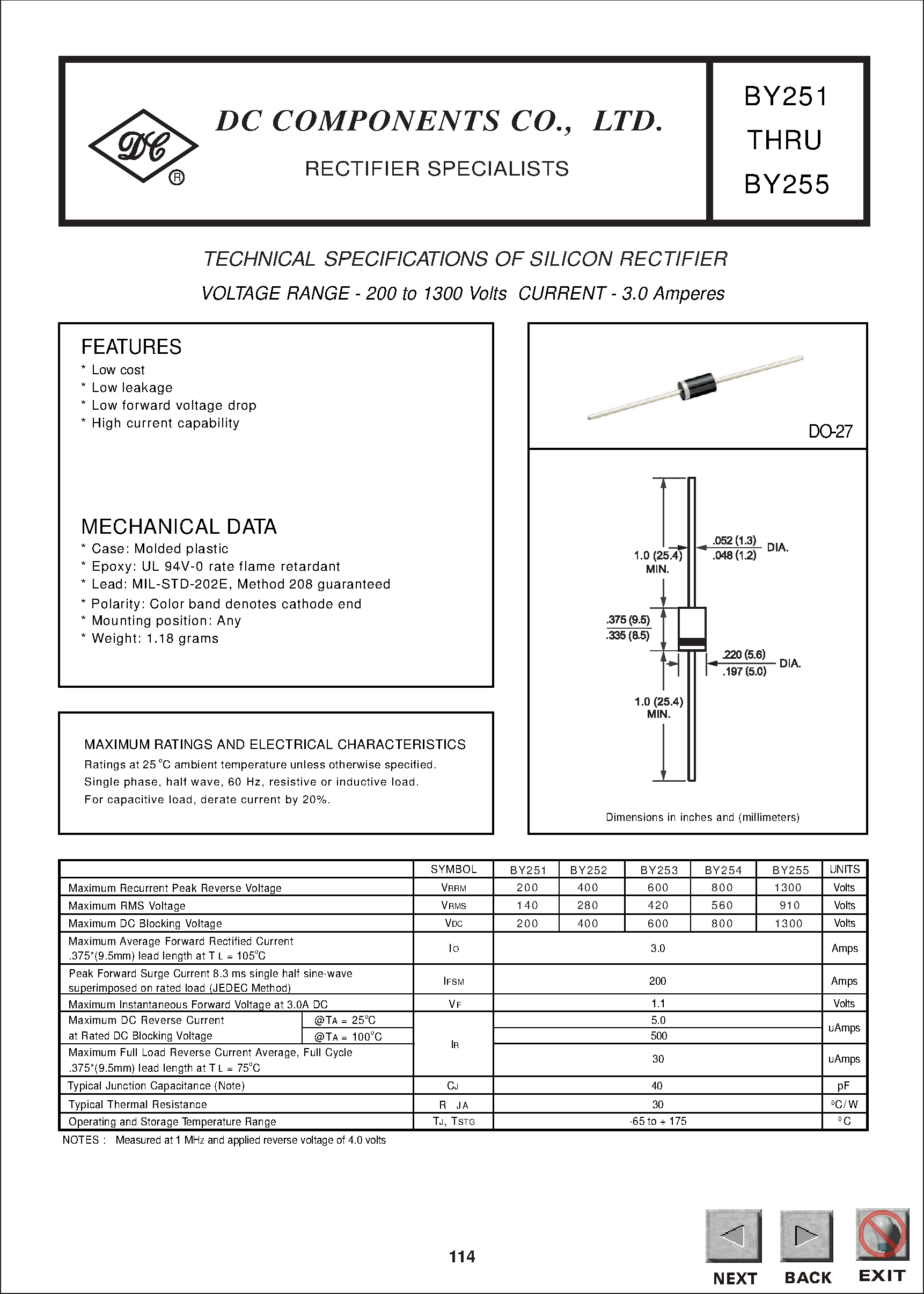 Datasheet BY251 page 1 Datasheet BY251 - TECHNICAL SPECIFICATIONS OF SILICON RECTIFIER page 1