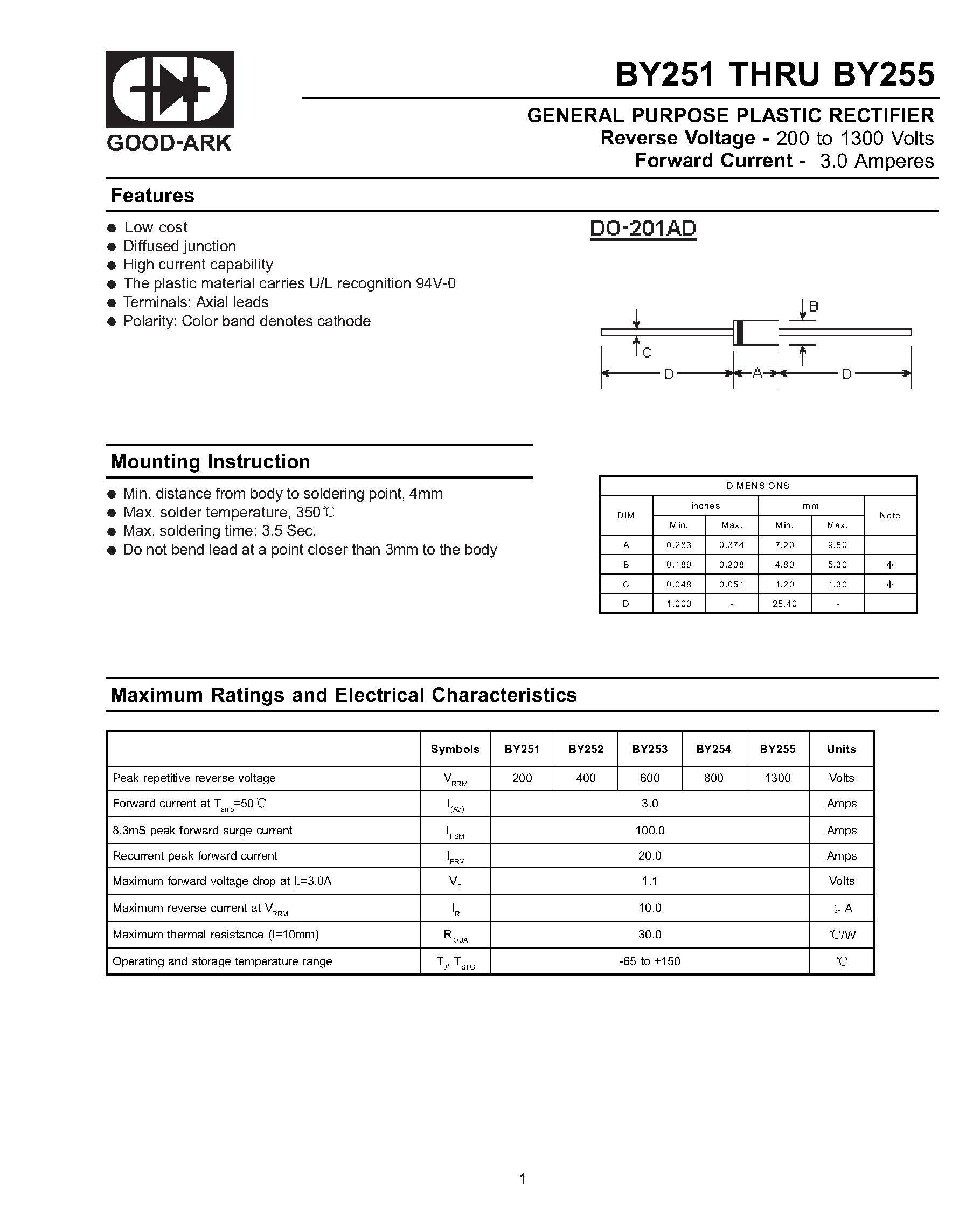 Datasheet BY252 page 1 Datasheet BY252 - GENERAL PURPOSE PLASTIC RECTIFIER page 1