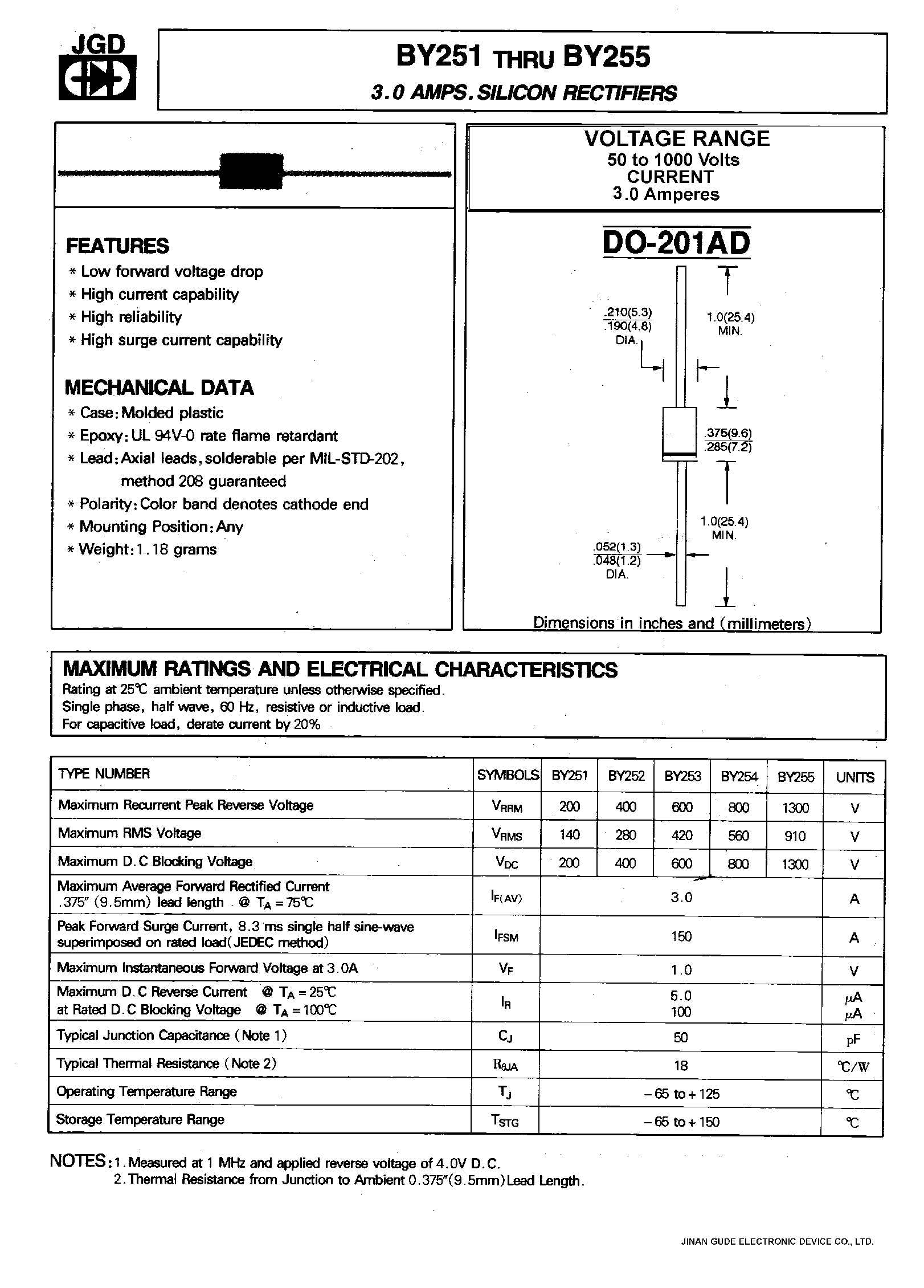 Datasheet BY253 page 1 Datasheet BY253 - 3.0 AMP.SILICON RECTIFIERS page 1